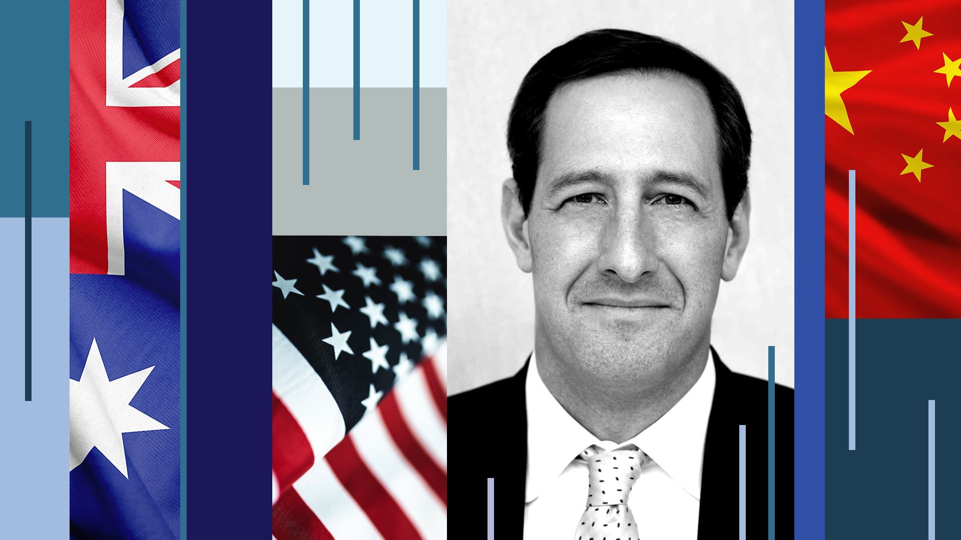 Photo illustration of Charles Edel and flags of the US, Australia and China.