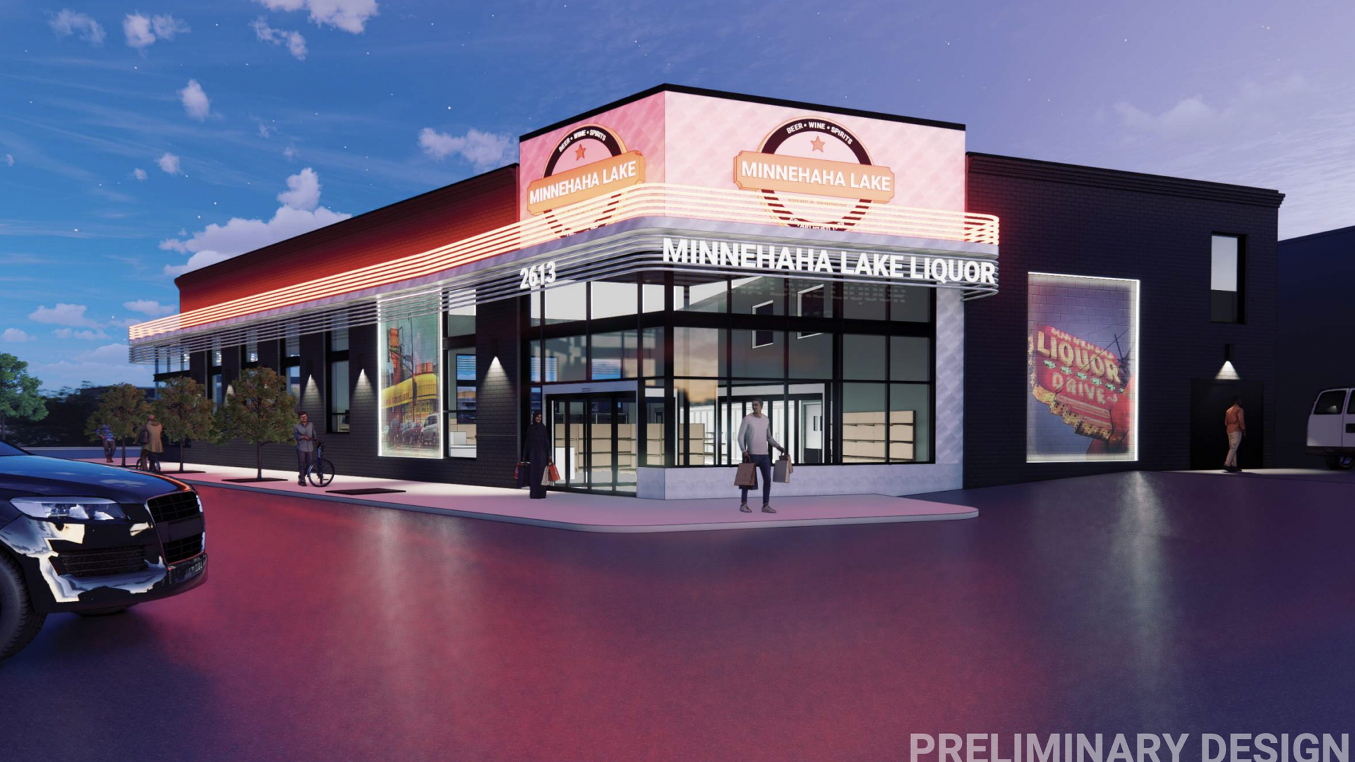 A rendering showing a new Minnehaha Lake Wine & Spirits at dusk
