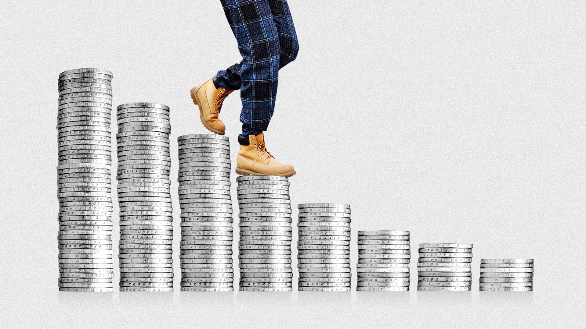 Illustration of person walking down stairs made of coins