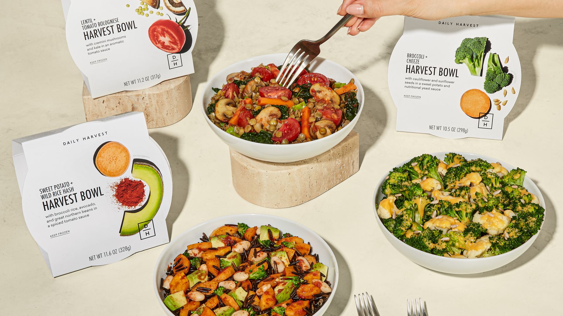 An array of Daily Harvest bowls such as broccoli and cheese are displayed.