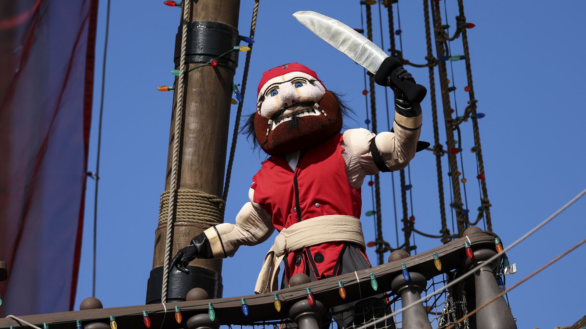 Mascot Captain Fear of the Tampa Bay Buccaneers cheers during an NFL football game against the New Orleans Saints at Raymond James Stadium on December 31, 2023 in Tampa, Florida.