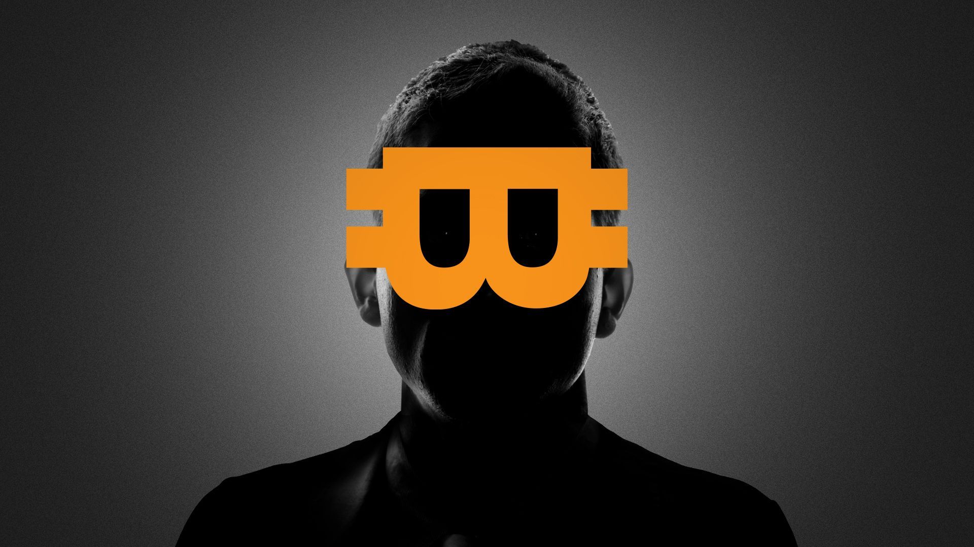 Illustration of a shadowy figure wearing a Bitcoin sign sideways as a mask. 