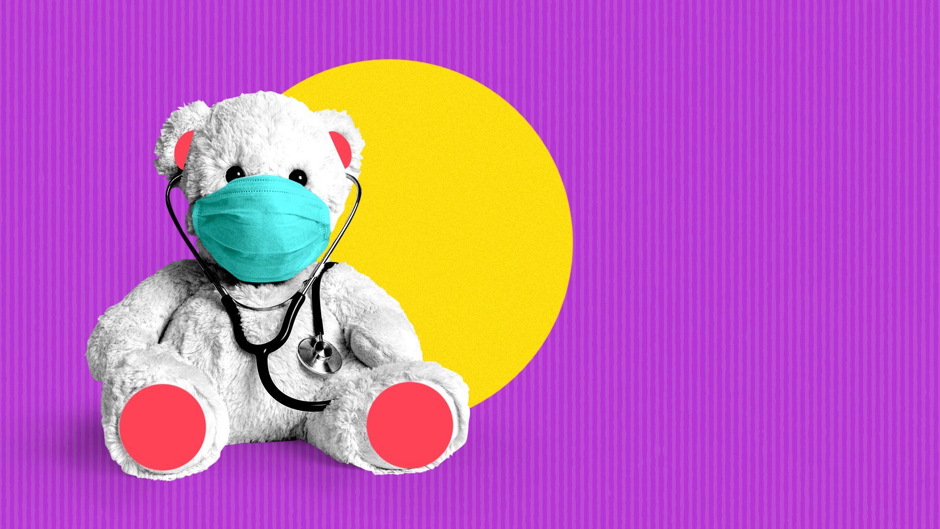 Illustration of a teddy bear wearing a surgical mask surrounded by colored circles. 