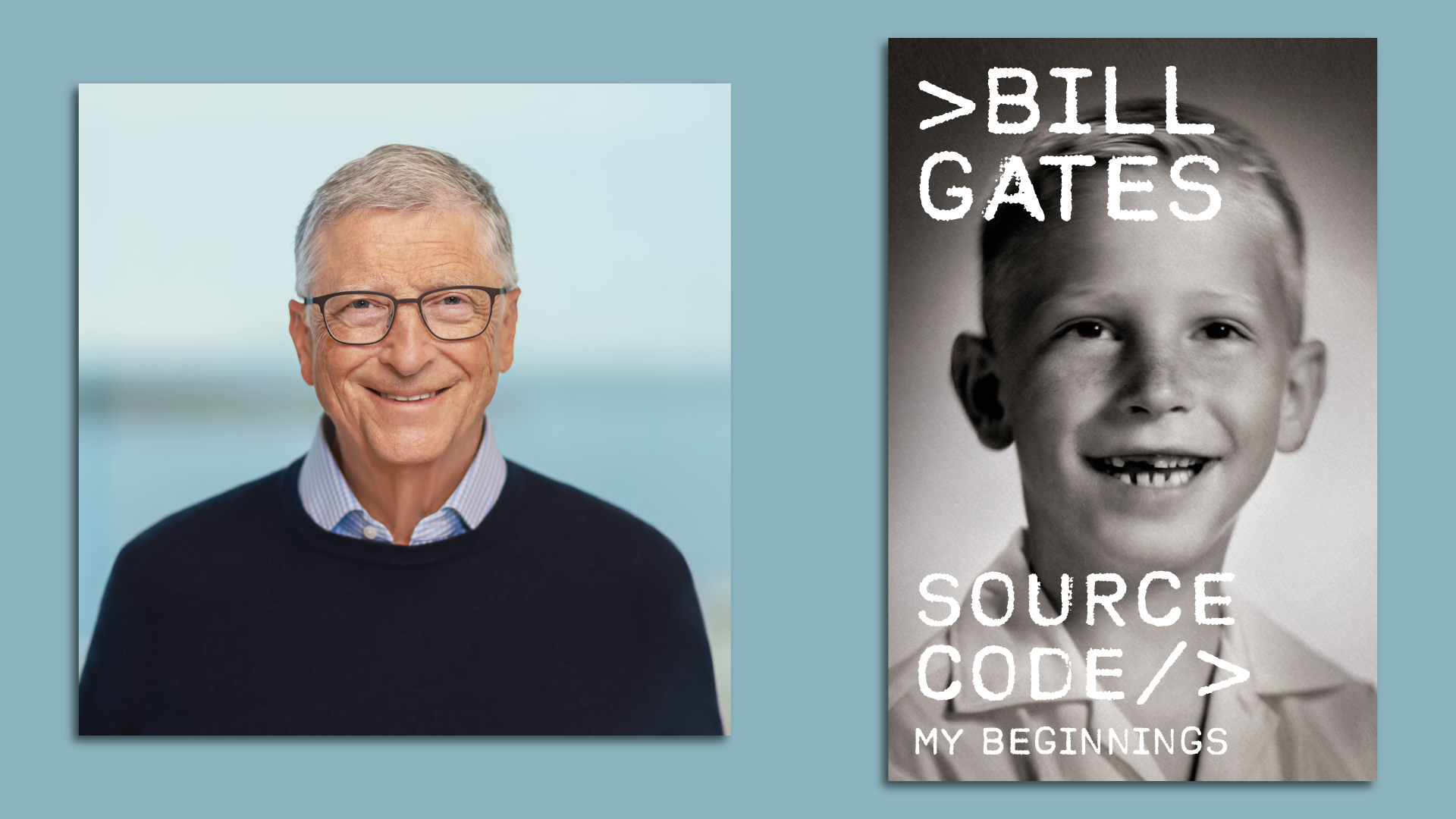 A photo of Bill Gates next to the cover of his new book, "Source Code."