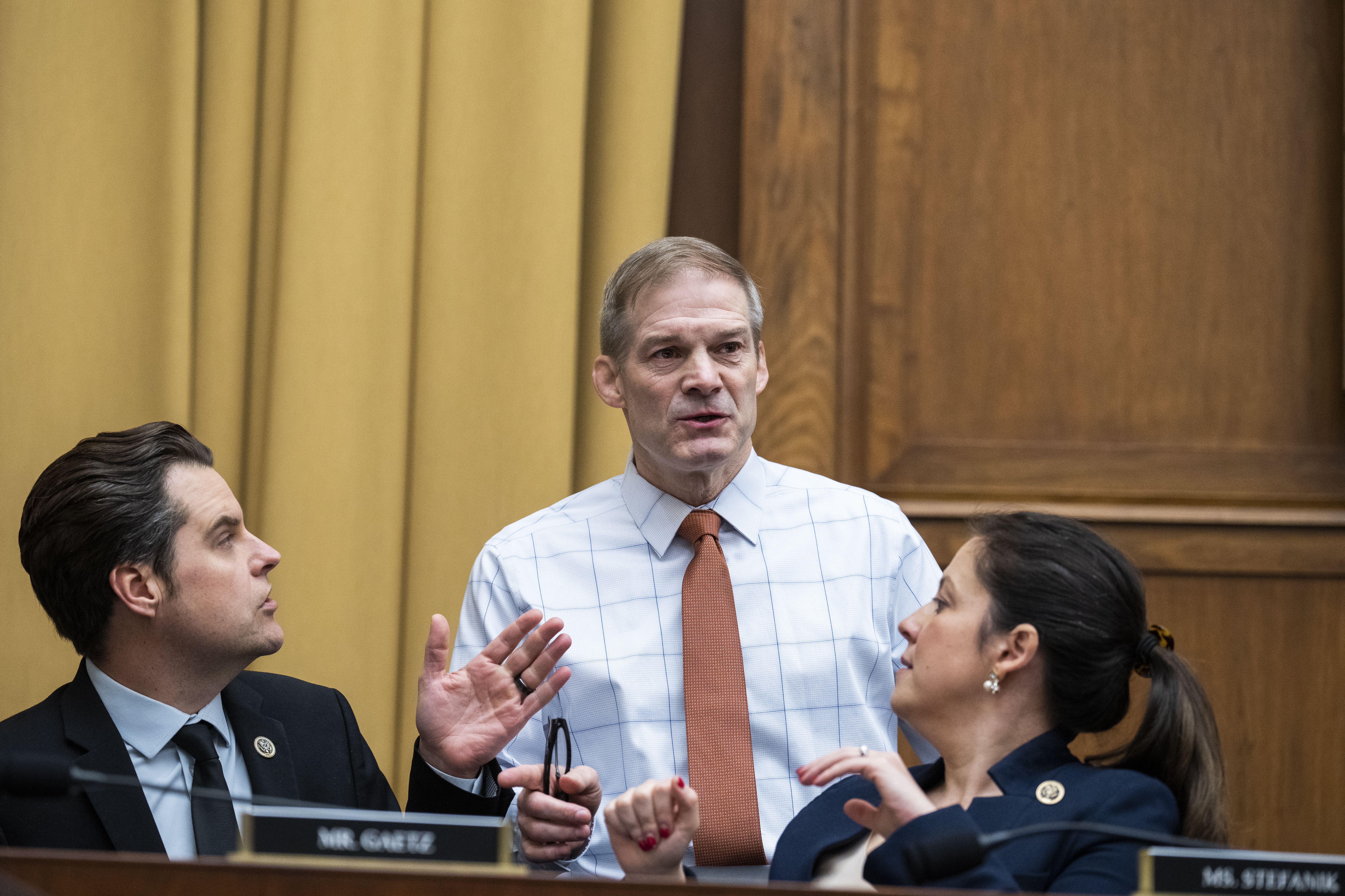 Chairman Jim Jordan, R-Ohio, center, House Republican Conference Chair Elise Stefanik, R-N.Y., and Rep. Matt Gaetz, R-Fla., confer during the House Judiciary Select Subcommittee on the Weaponization of the Federal Government hearing on the Missouri v. Biden case challenging the administrations violation of the First Amendment by directing social media companies to censor and suppress Americans' free speech, in Rayburn Building on Thursday, March 30, 2023.
