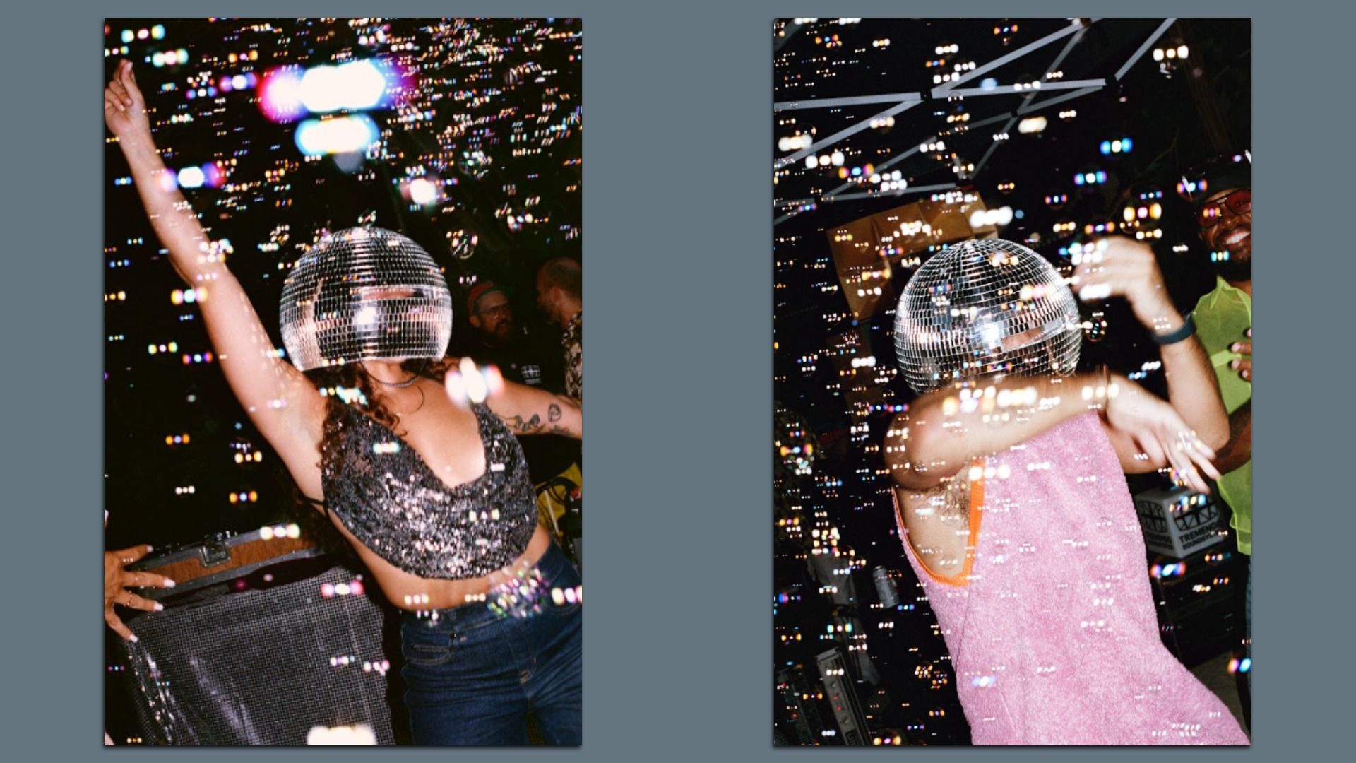 Two people at a party wearing disco ball helmets, surrounded by colorful lights and bubbles, one in a sparkly black top and jeans, the other in a pink sleeveless top.