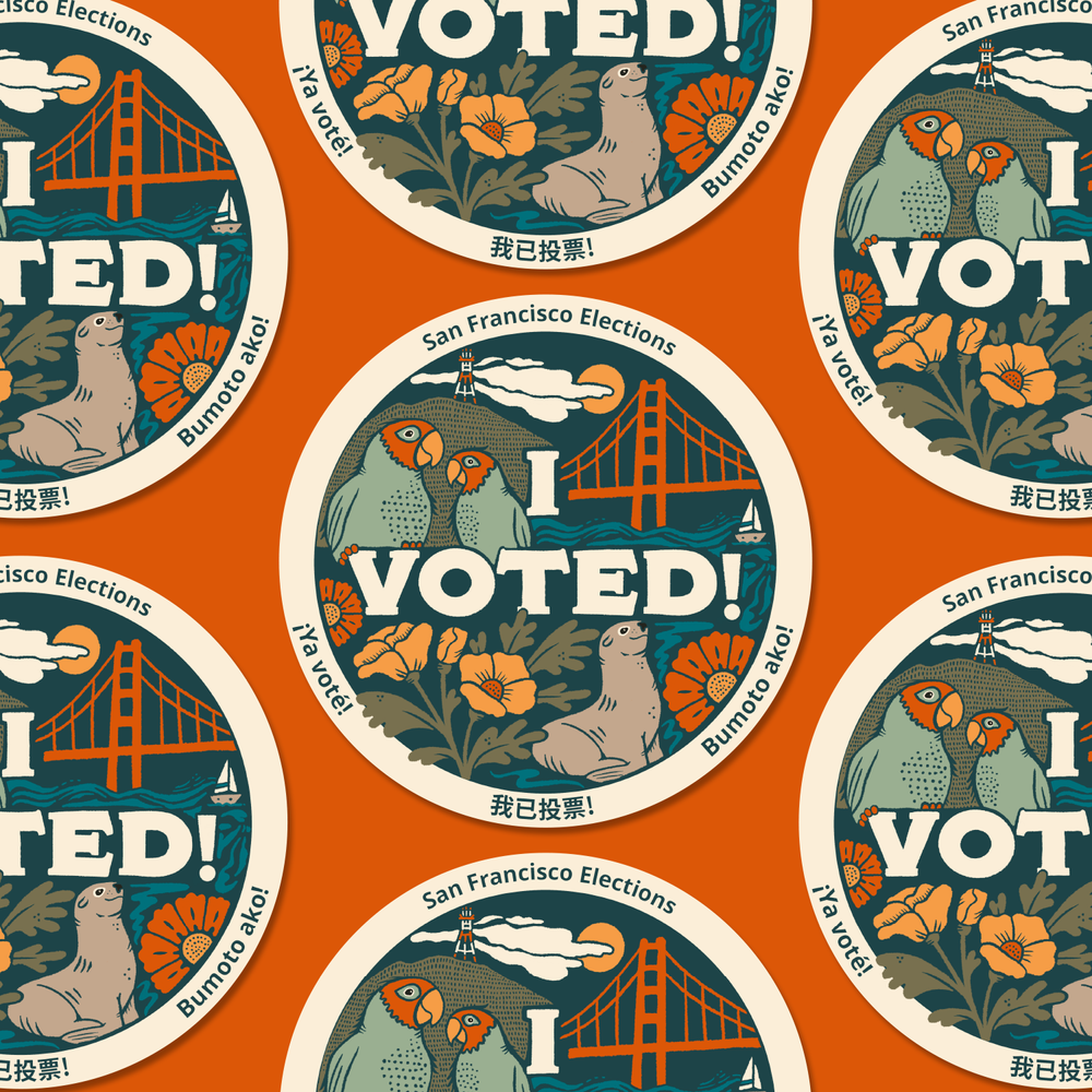 Pattern of round "I VOTED!" stickers on an orange background, showing the Golden Gate Bridge, ocean, orange flowers, a seal-like animal, and birds, with phrases like "Ya vote!" in multiple languages.