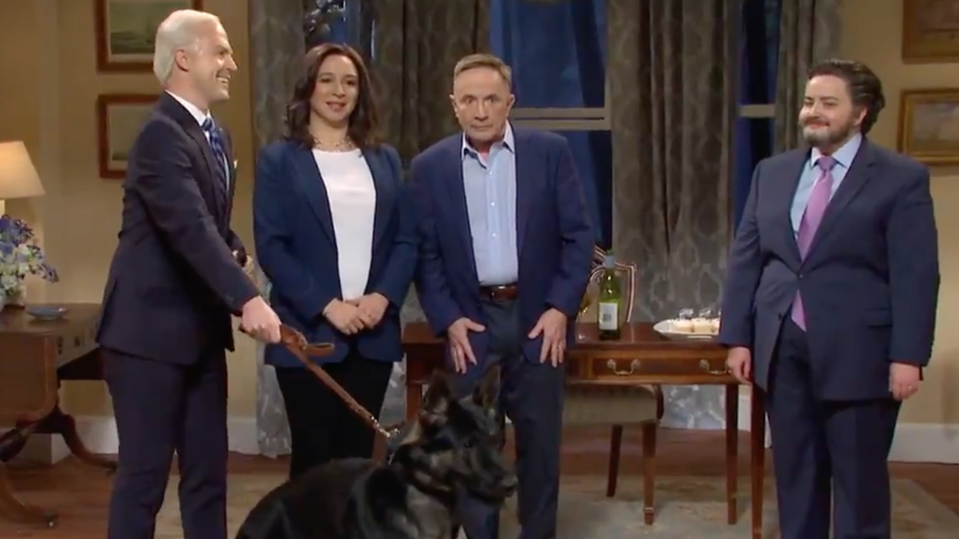 A screenshot from the "SNL" skit with Biden, Harris and Major the dog.