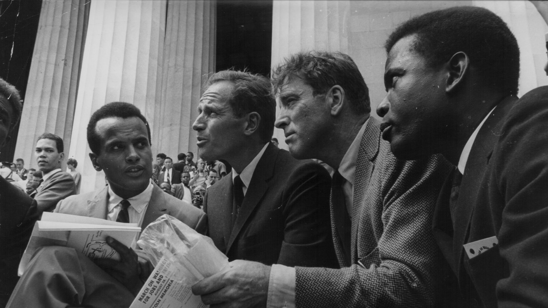 Actors Harry Belafonte, Charlton Heston, Burt Lancaster and Sidney Poitier attending the March on Washington on Washington, in Washington. D.C., August 28, 1963. 