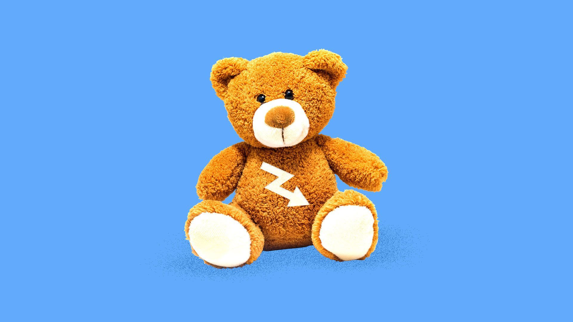 An illustration of a teddy bear with a downward arrow painted on its chest, signaling stock market decline