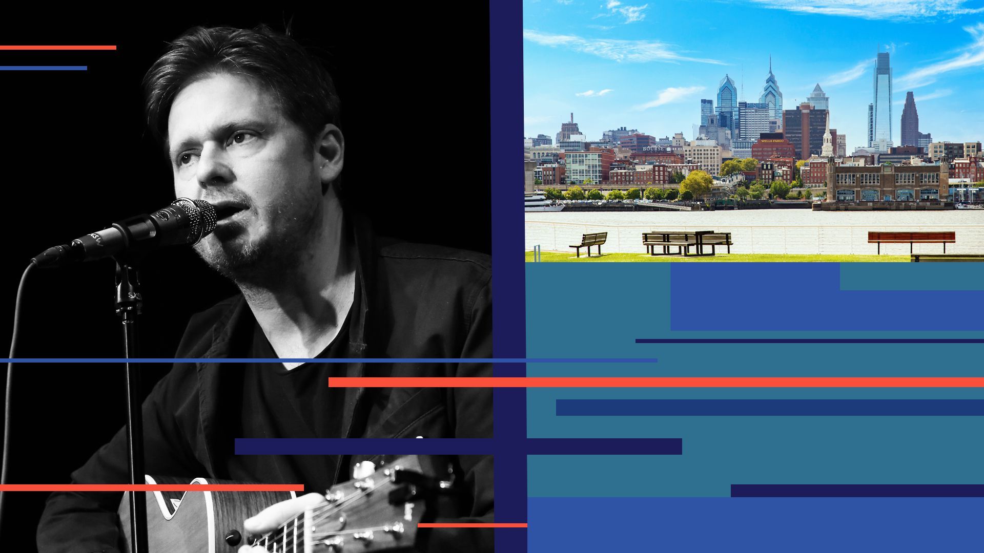 Photo illustration of Tim Heidecker with Philadelphia and abstract shapes.