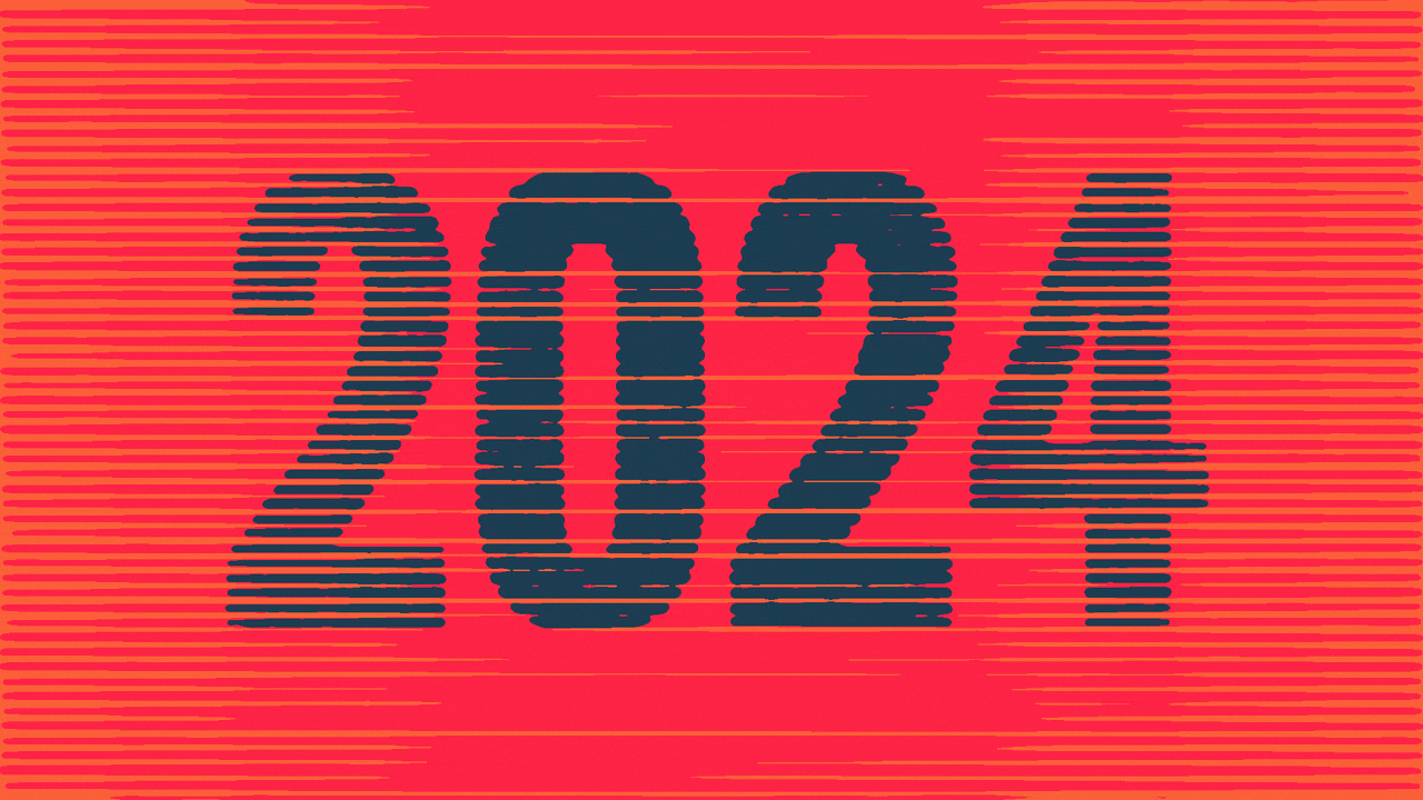 Animated illustration of moving lines making up the year 2024 falling away to reveal moving lines making two Axios logos rotated counter-clockwise 90 degrees making a rewind icon.