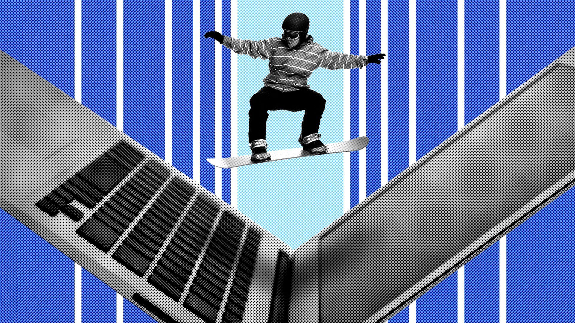 Illustration of a snowboarder flying over an open laptop.