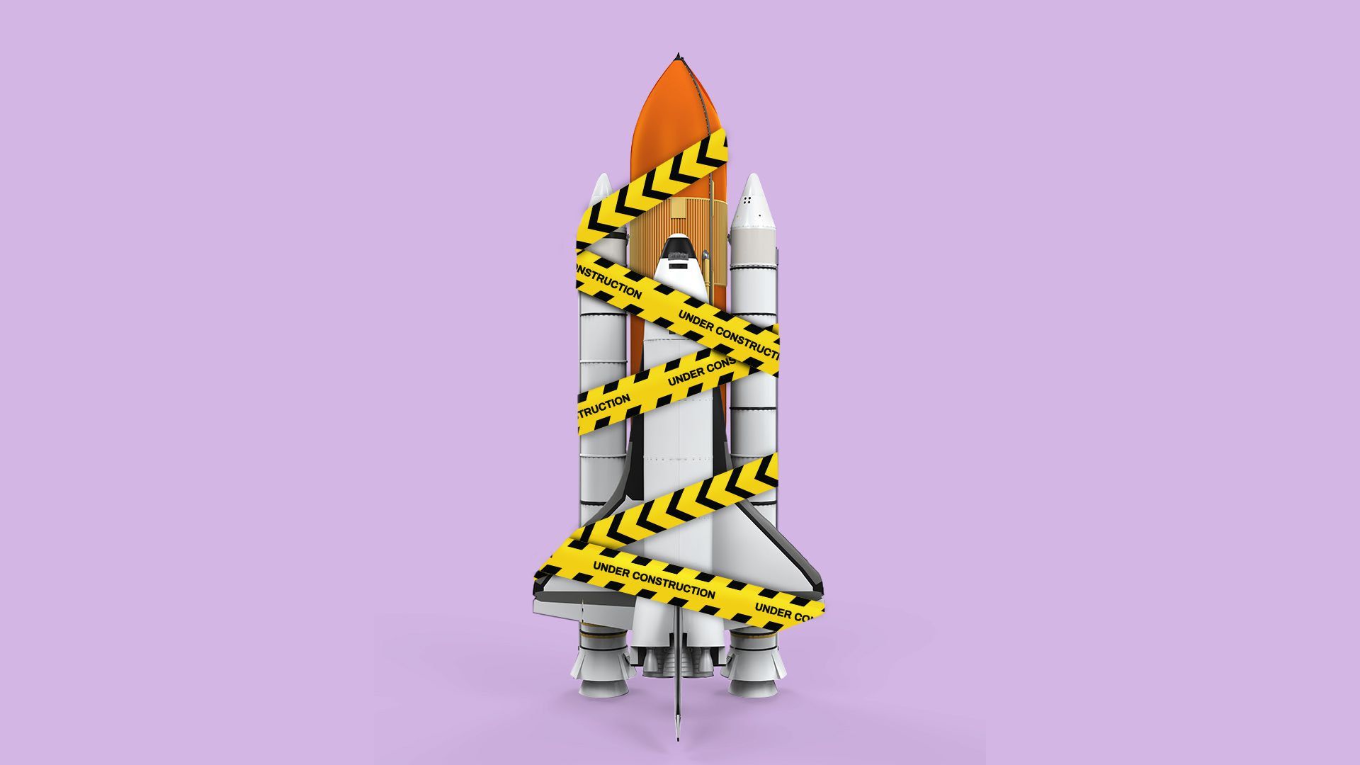 Illustration of spaceship wrapped in caution paper