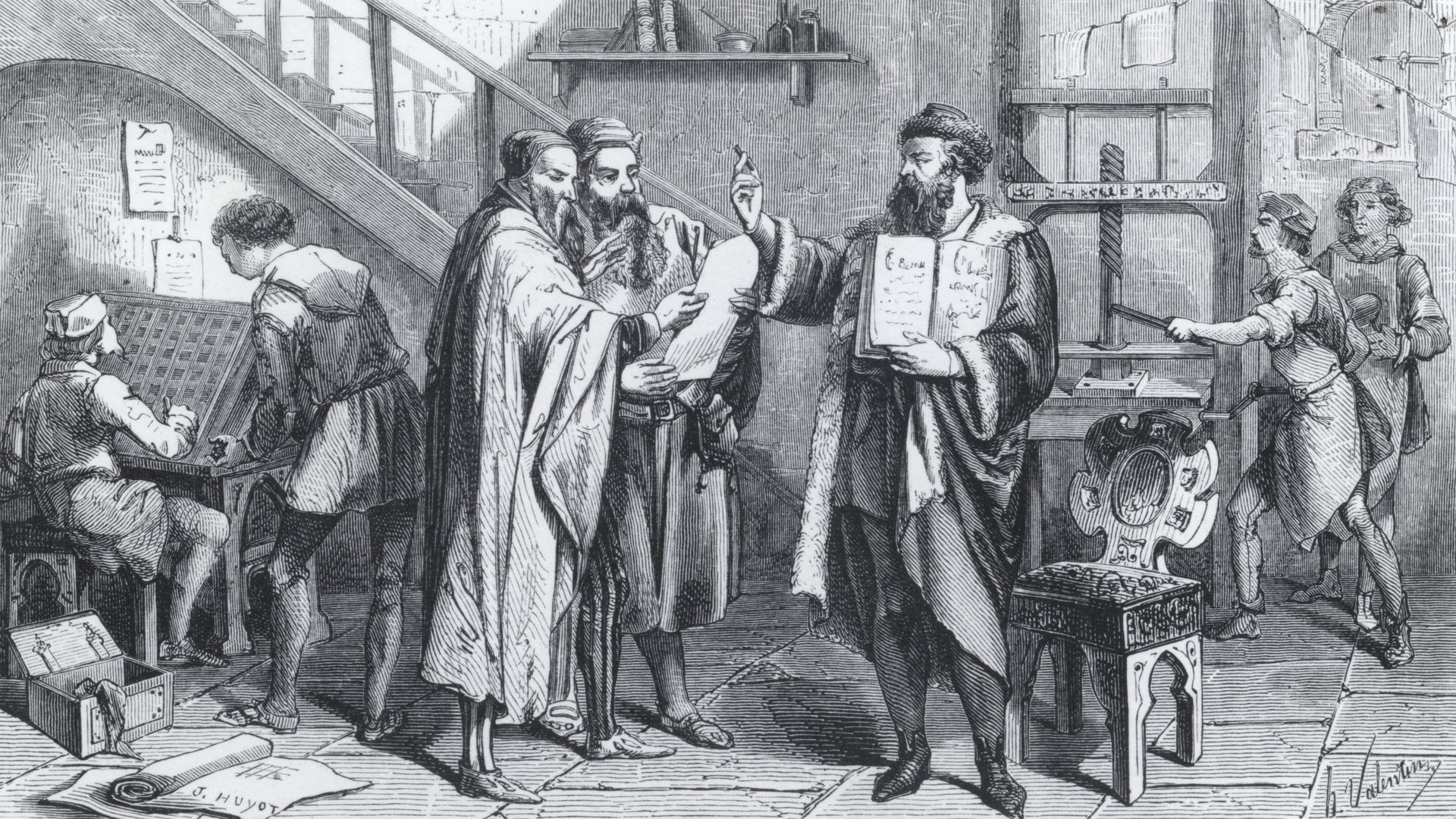 Johannes Gutenberg and a printing press