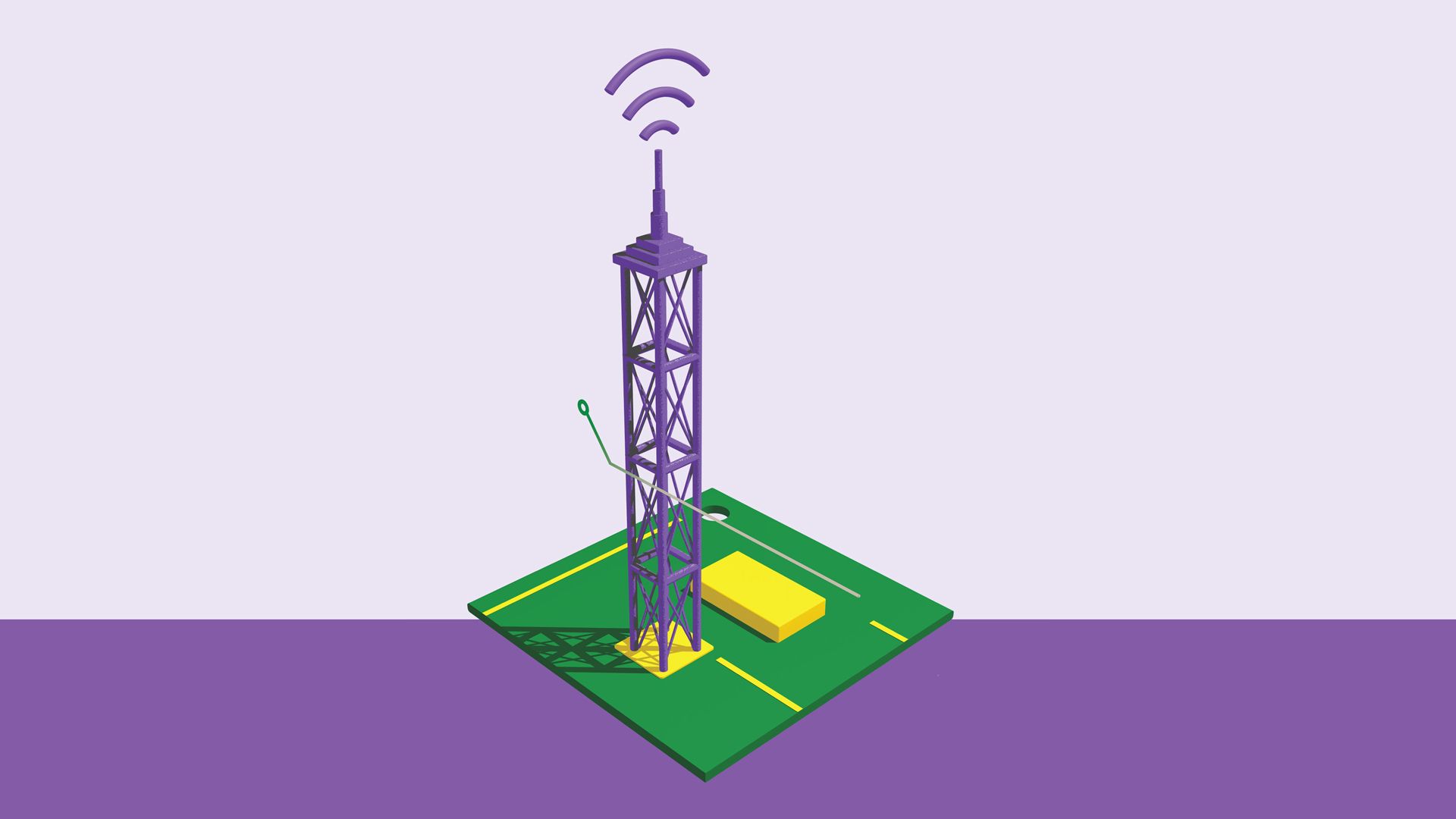 Illustration of a cell tower sitting on a big green motherboard and chip