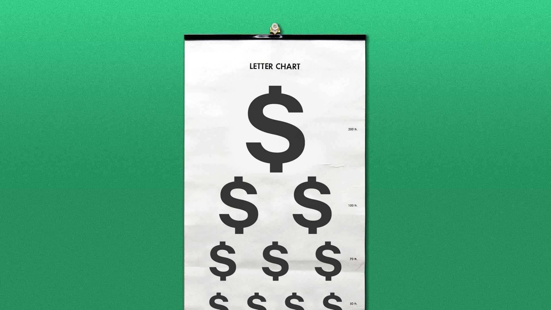 Illustration of an eye chart with dollar signs instead of letters.