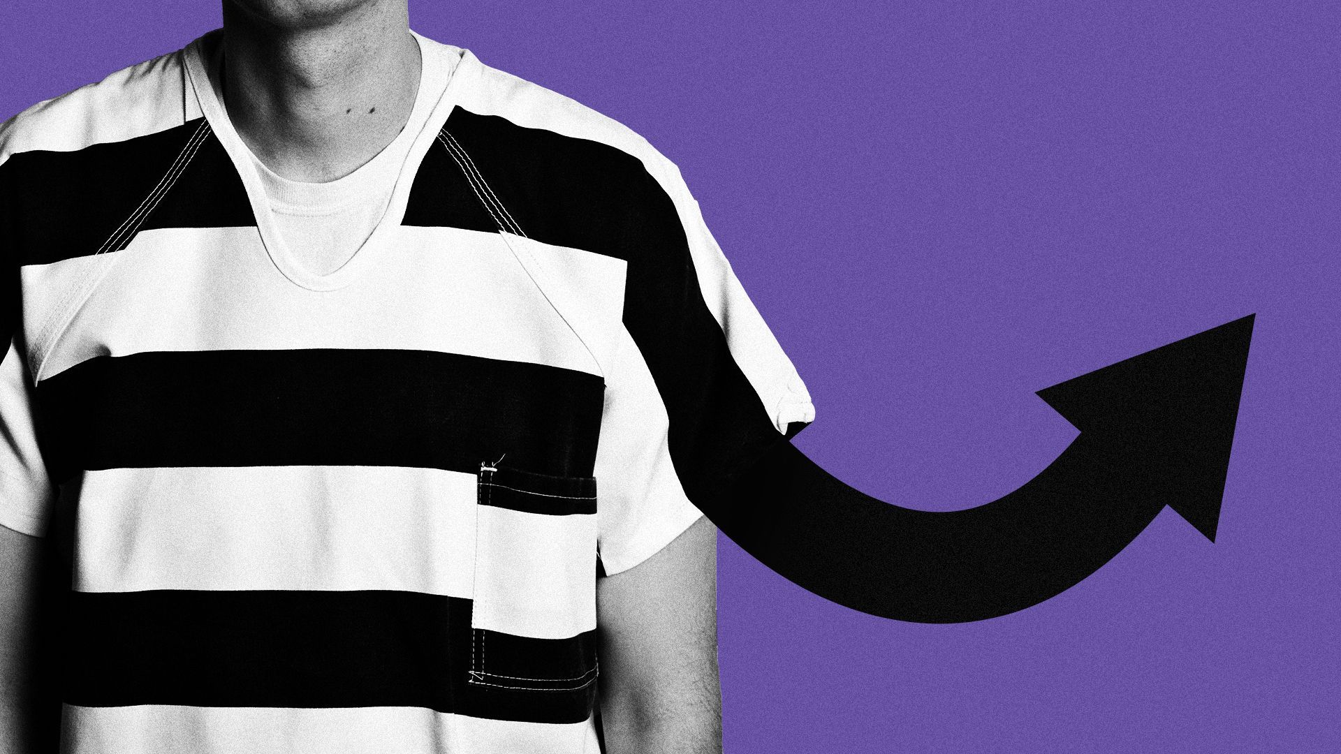 Illustration of an arrow emerging from the stripes of a prison uniform.