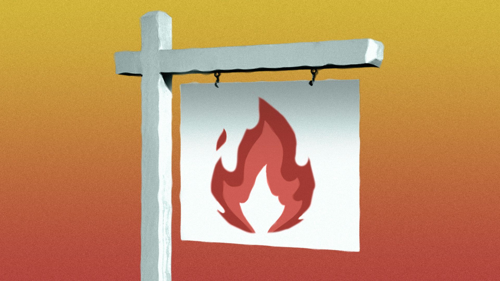 Illustration of a real estate for sale sign with a fire emoji on it.