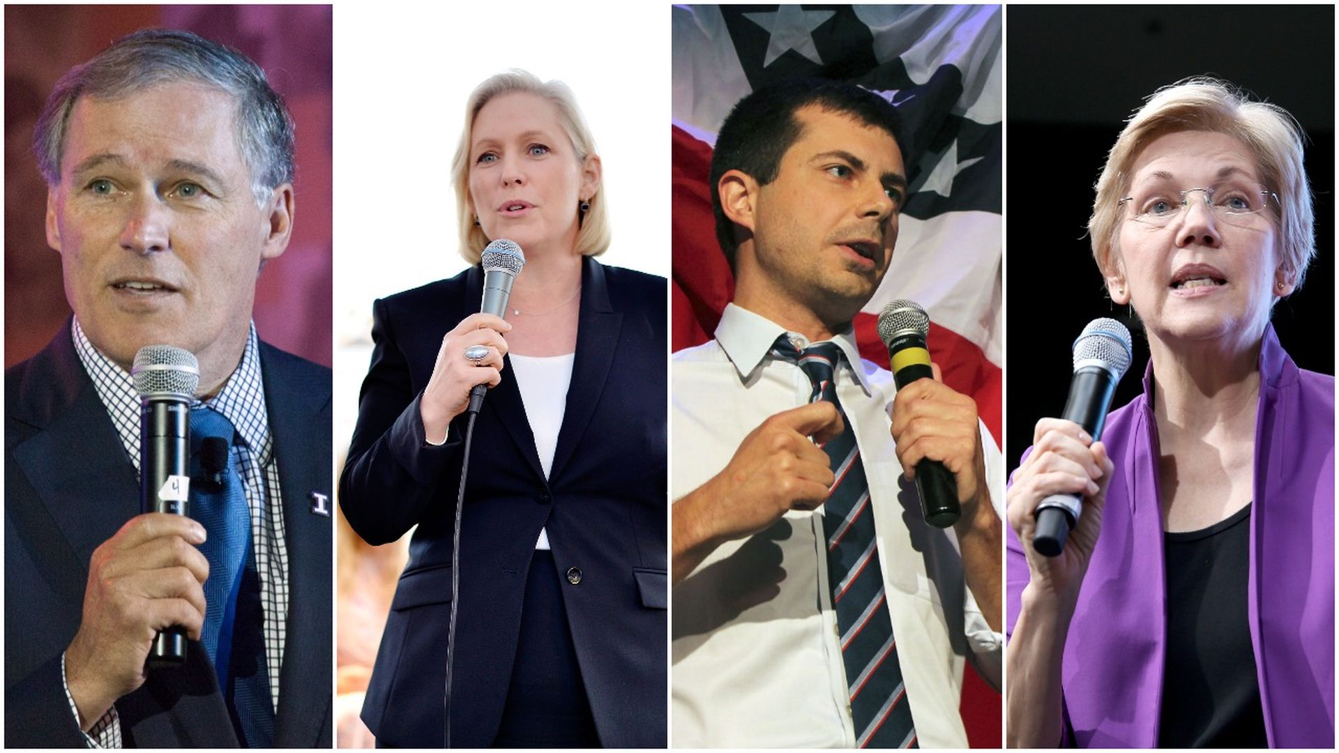 This image is a four-way split screen of Democratic candidates in this order, from left to right: Inslee, Gillibrand, Buttigieg, and Warren.