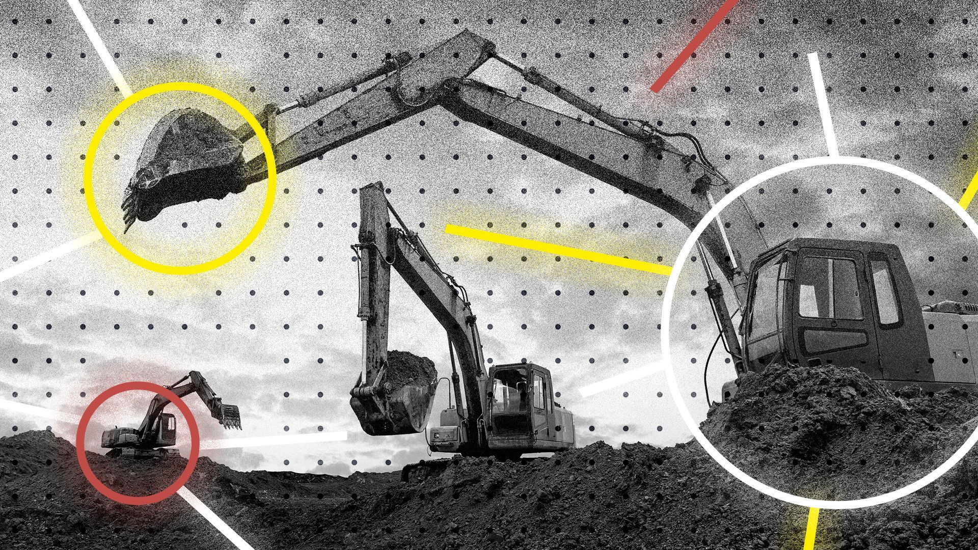 Illustration of construction excavators with glowing geometric shapes.