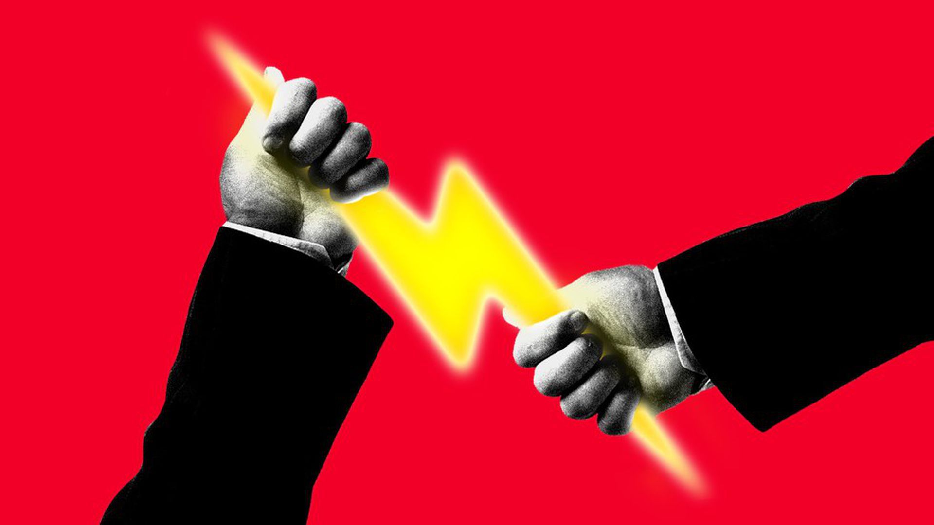 an illustration of two hands fighting to grab a lightning bolt