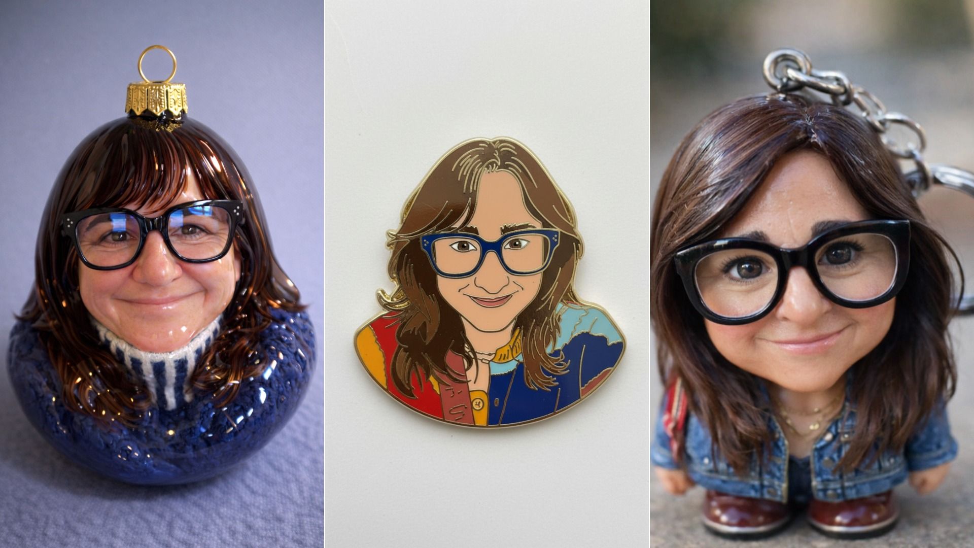 Three objects featuring a woman with brown hair and black glasses: a shiny blue sweater Christmas ornament, a colorful enamel pin, and a keychain figure wearing a denim jacket and boots.