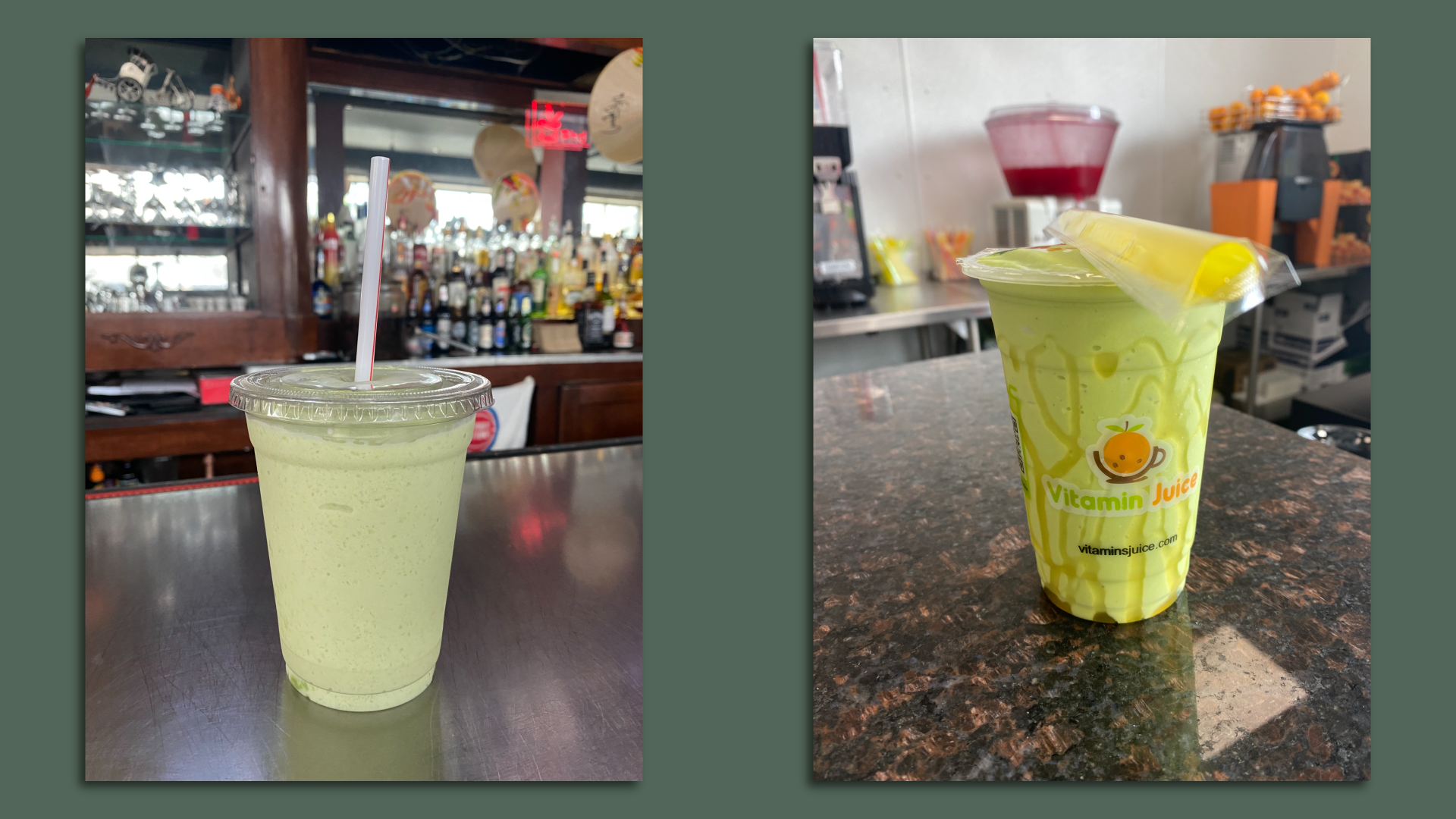 Two avocado smoothies from two different places.