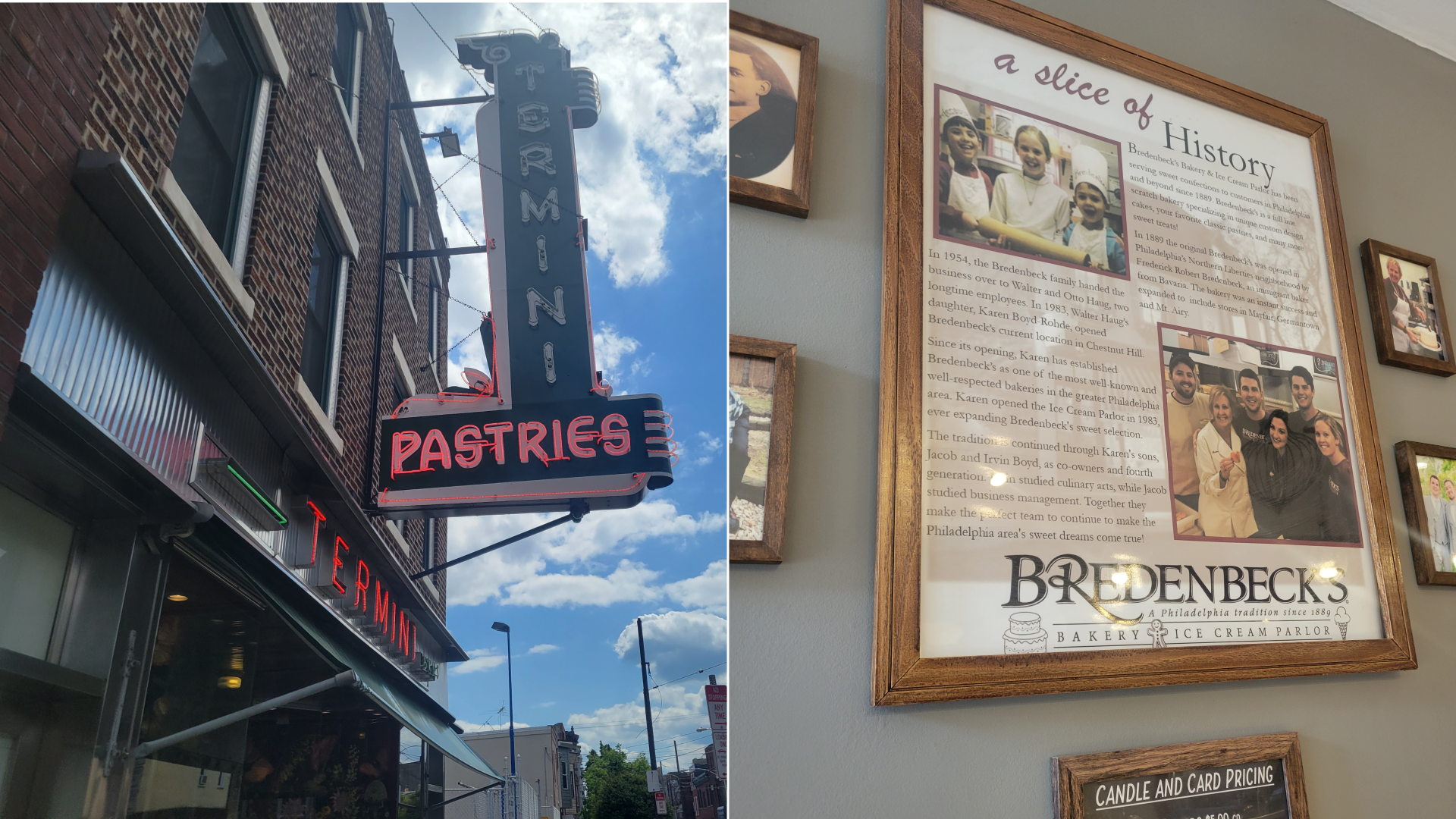 The outside of Termini Brothers in Philly; a frame photo with the family story inside Bredenbeck's Bakery.