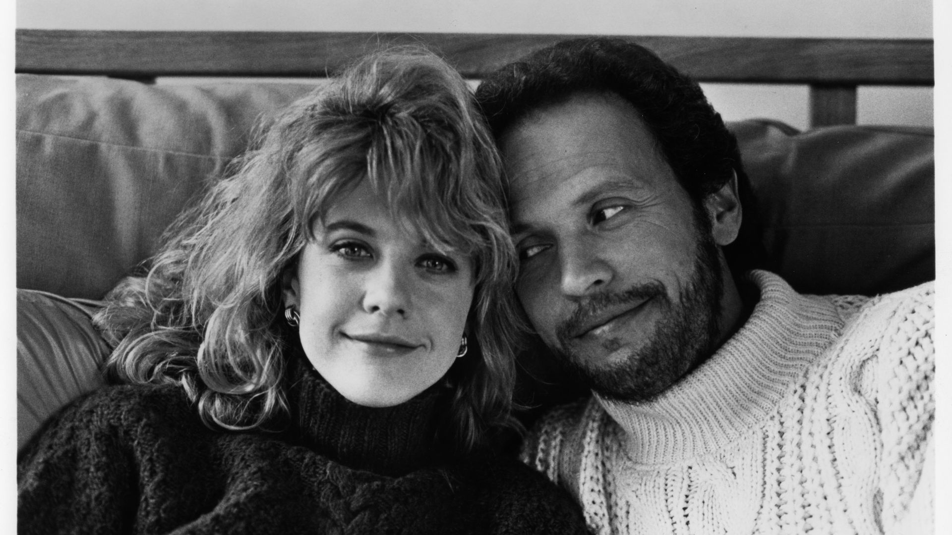 a black-and-white pic of Meg Ryan and Billy Crystal