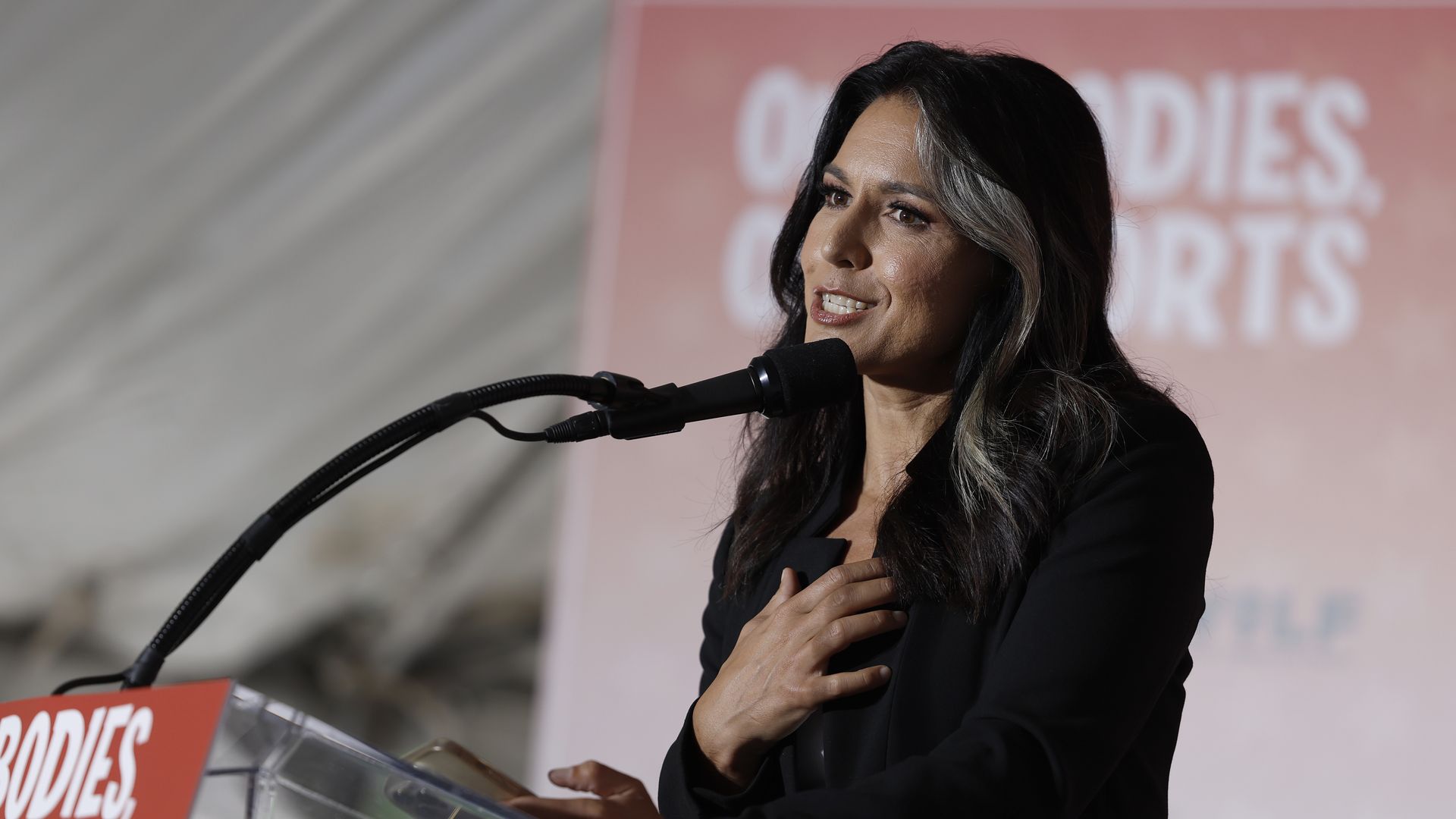 WASHINGTON, DC - JUNE 23: Former U.S. Rep. Tulsi Gabbard (D-HI) speaks at an "Our Bodies, Our Sports" rally to mark the 50th anniversary of Title IX at Freedom Plaza on June 23, 2022 in Washington, DC