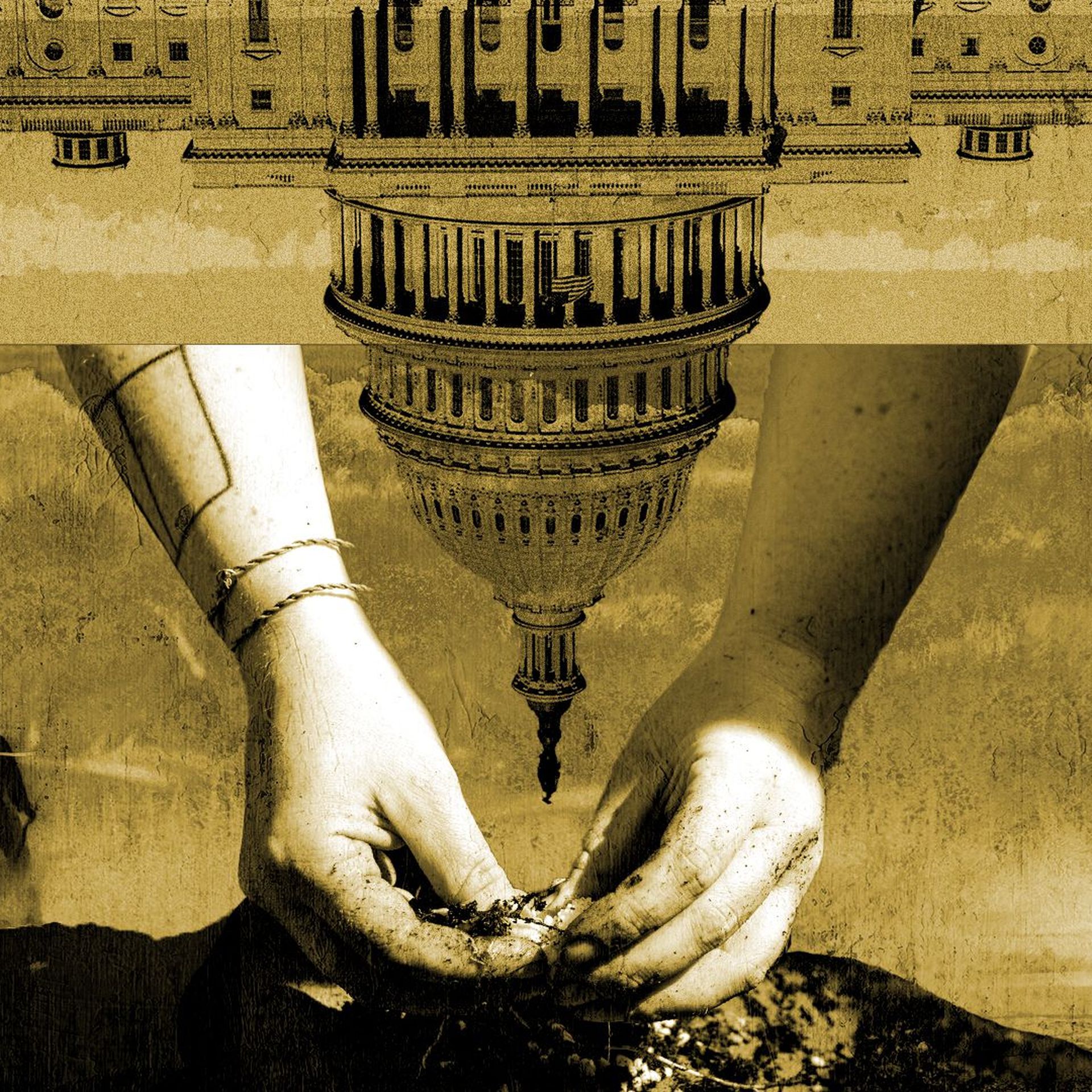 Photo illustration of silhouettes of Yurok fishermen, a member of the Haida/Tlingít nation harvesting traditional plants and the US Capitol building.