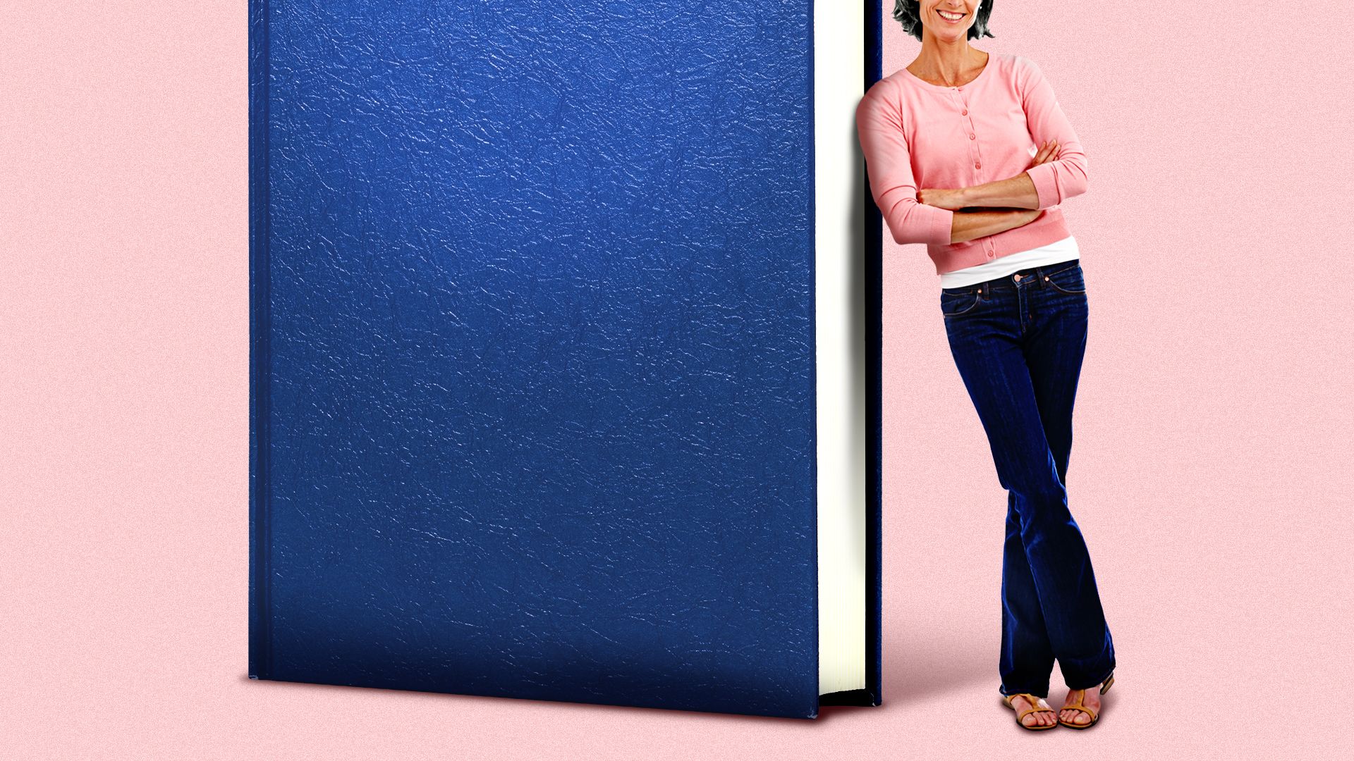 Illustration of an older woman smiling and leaning against a giant book