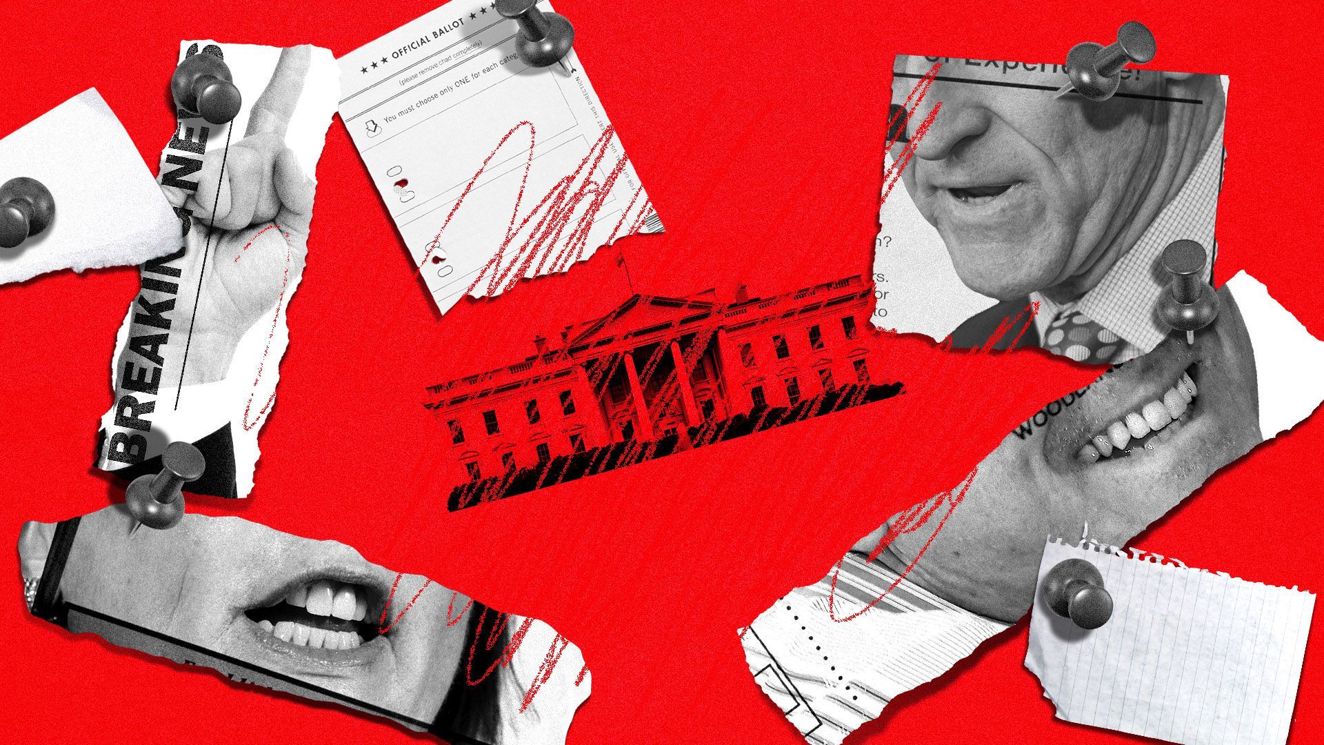 Photo illustration of the white house surrounded by scraps of paper feating a ballot, Sidney Powell, Michael Flynn, and Patrick M. Byrne