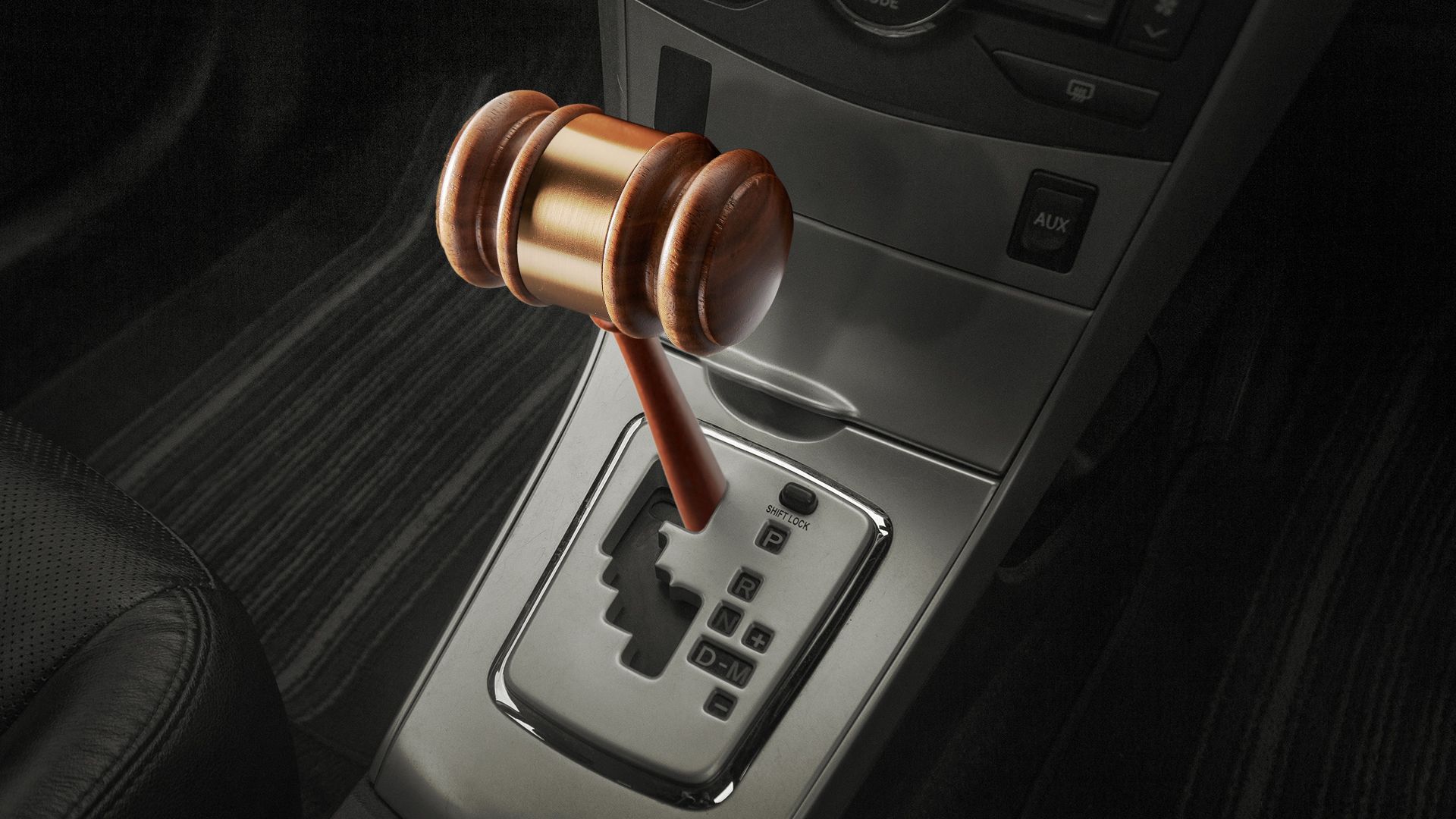 Illustration of a gavel as the gear shift in a car