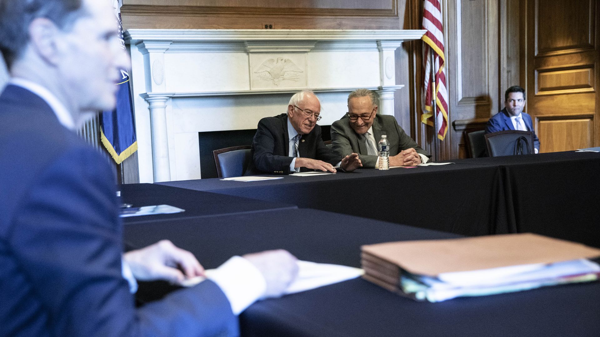 Sens. Bernie Sanders (I-Vt.) with Chuck Schumer (D-N.Y.)  in Washington, D.C., on June 16.
