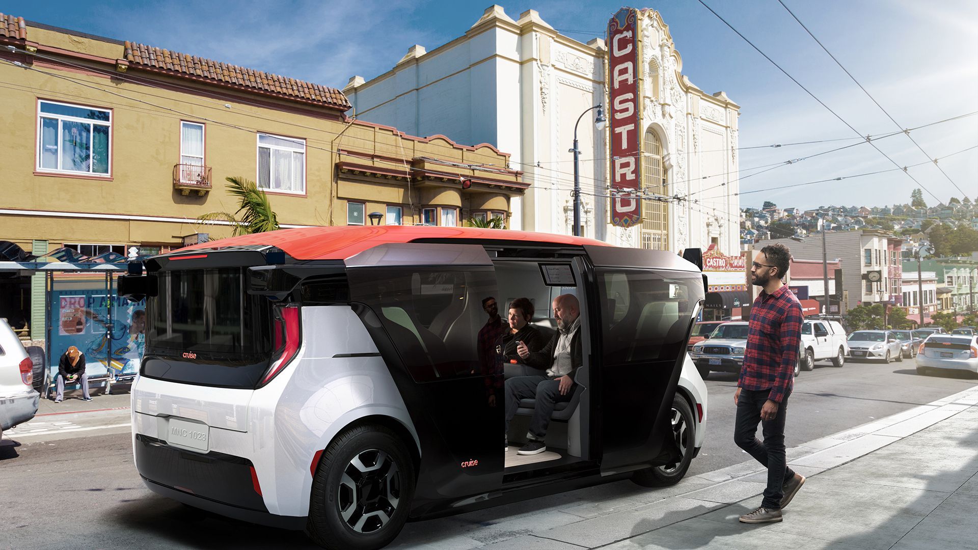 A man in a plaid shirt walks into a robotaxi parked on the street, with people sitting inside