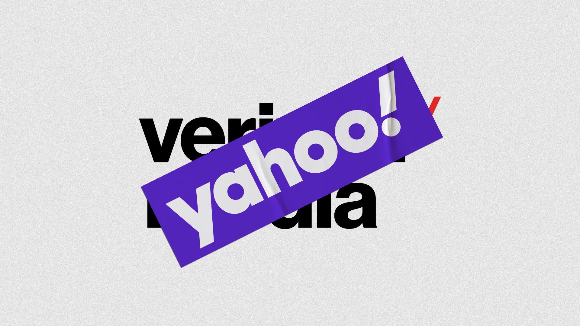 Illustration of the Verizon Media Group logo being covered by a Yahoo! sticker.  