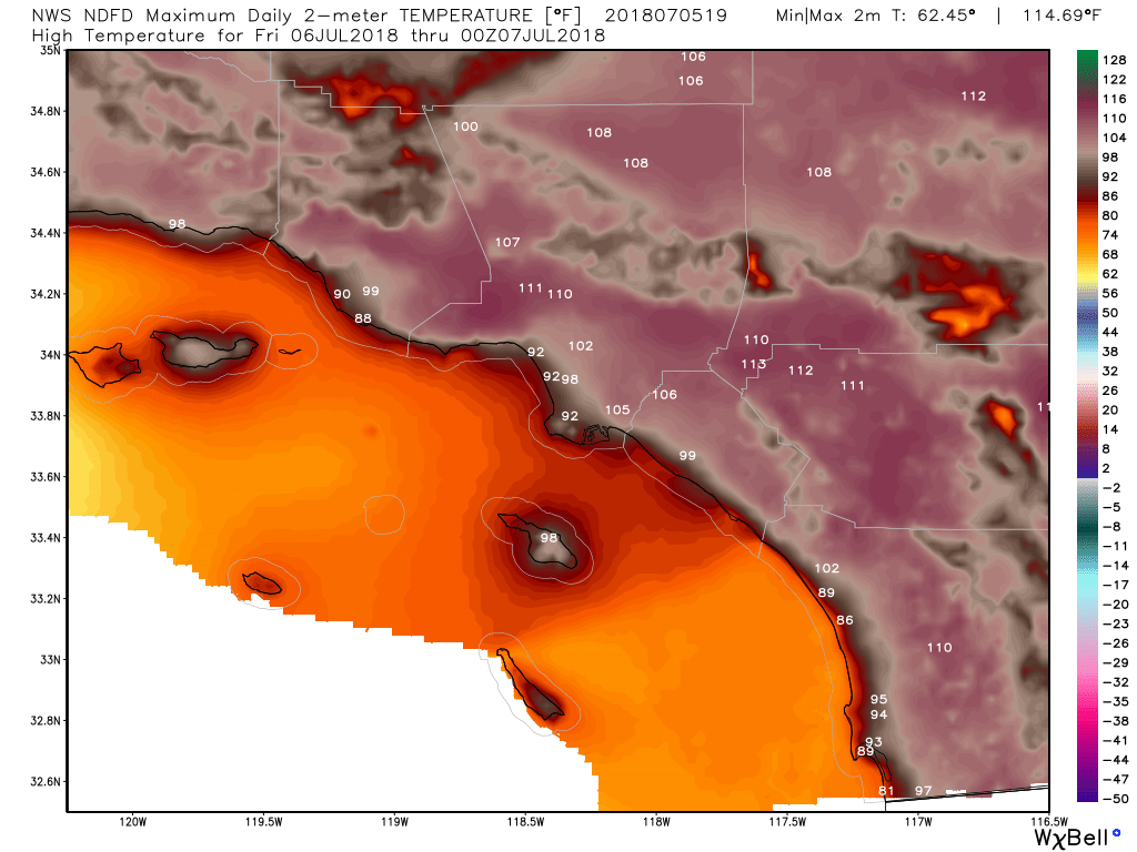 Map showing forecast high temperatures in the Los Angeles area on Sat. July 7, 2018.