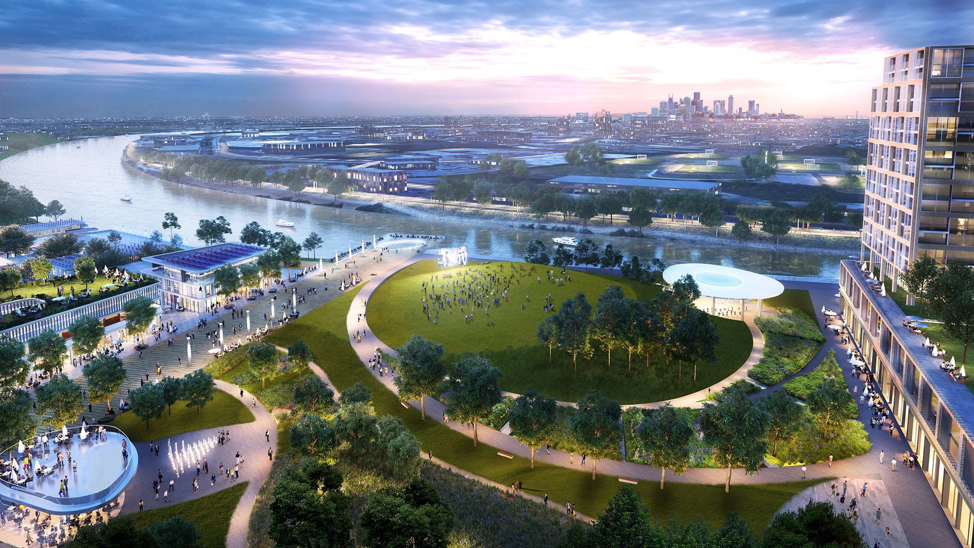 A rendering of a proposed Riverside development features parks and commercial space. 