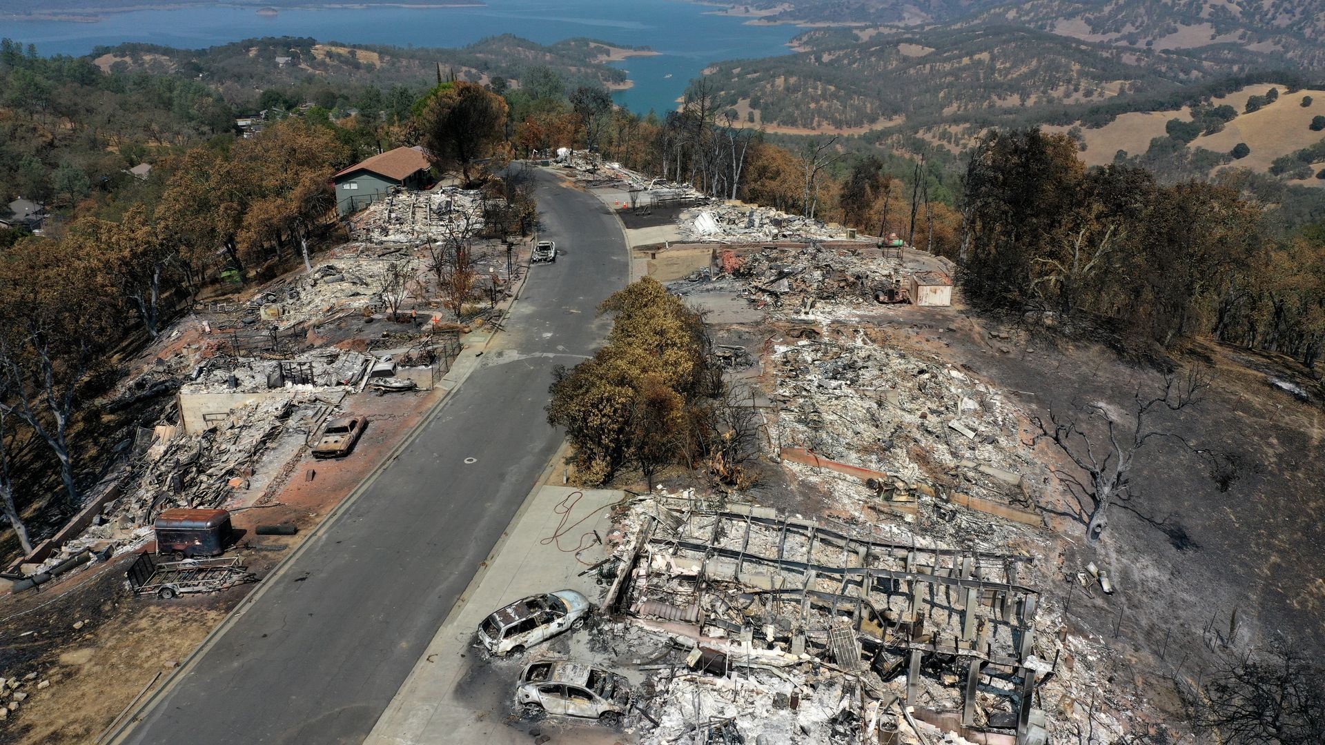 Homes destroyed by the now-mostly contained Hennessey Fire in Napa, California, on Sept. 15. The fire has burned over 315,000 acres, razed 633 structures and killed five people,