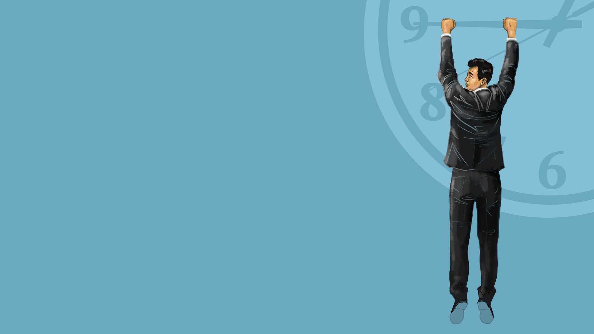 Illustration of a business man hanging from a clock