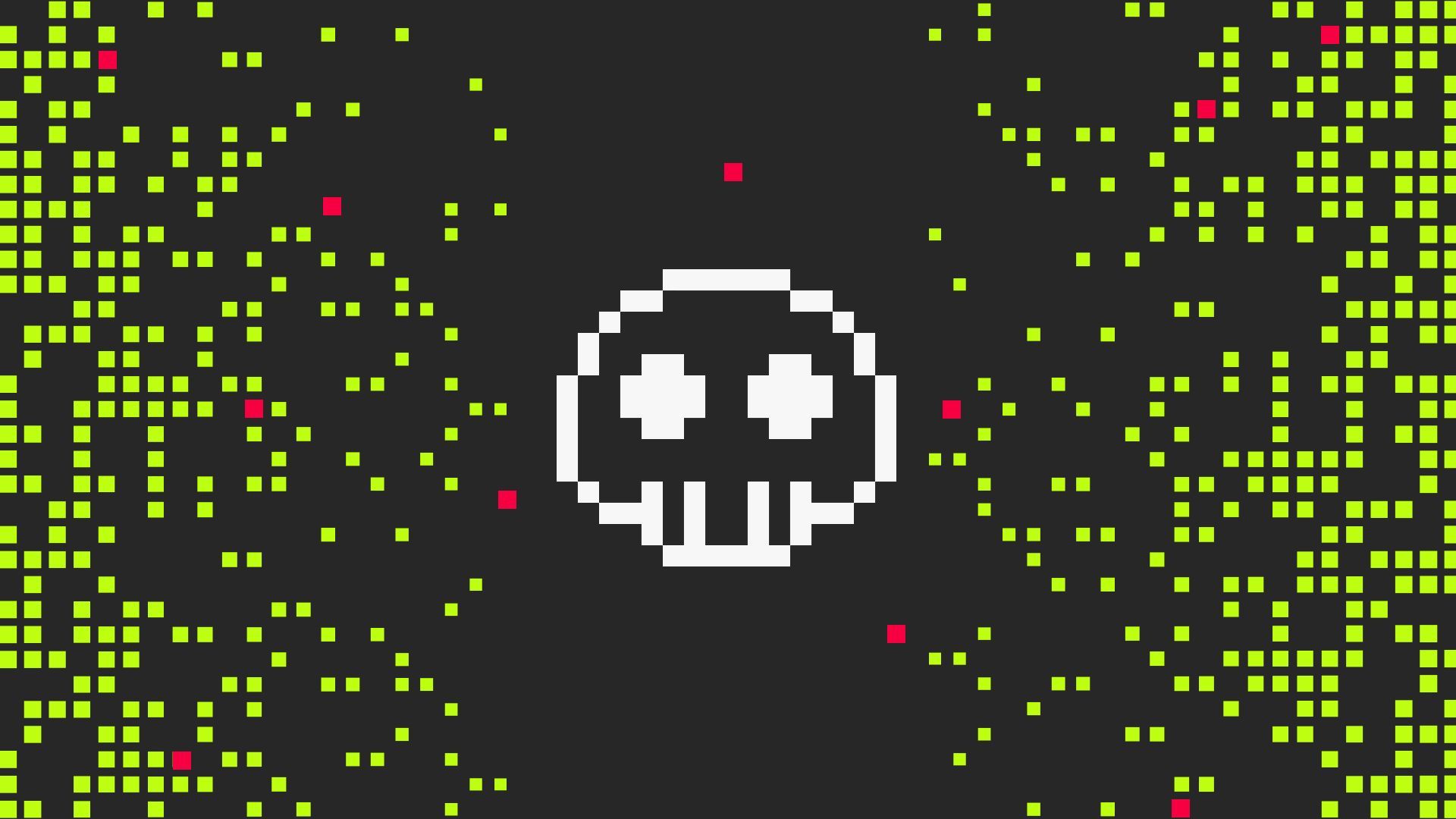 Illustration of a skull in the middle of a dark background being attached by pixel elements on either side. 