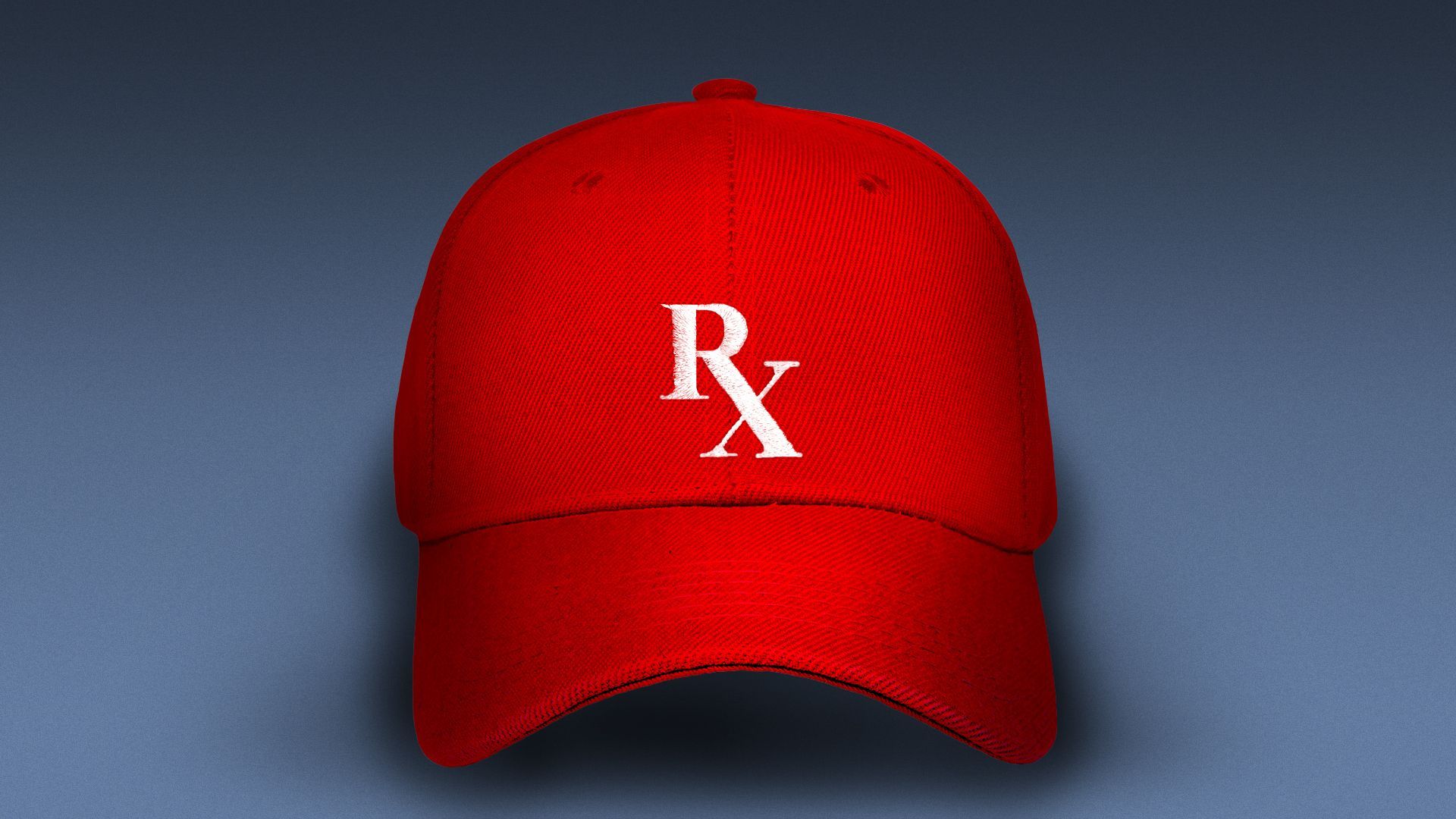 Illustration of a red MAGA-style hat with stitching that reads "Rx".