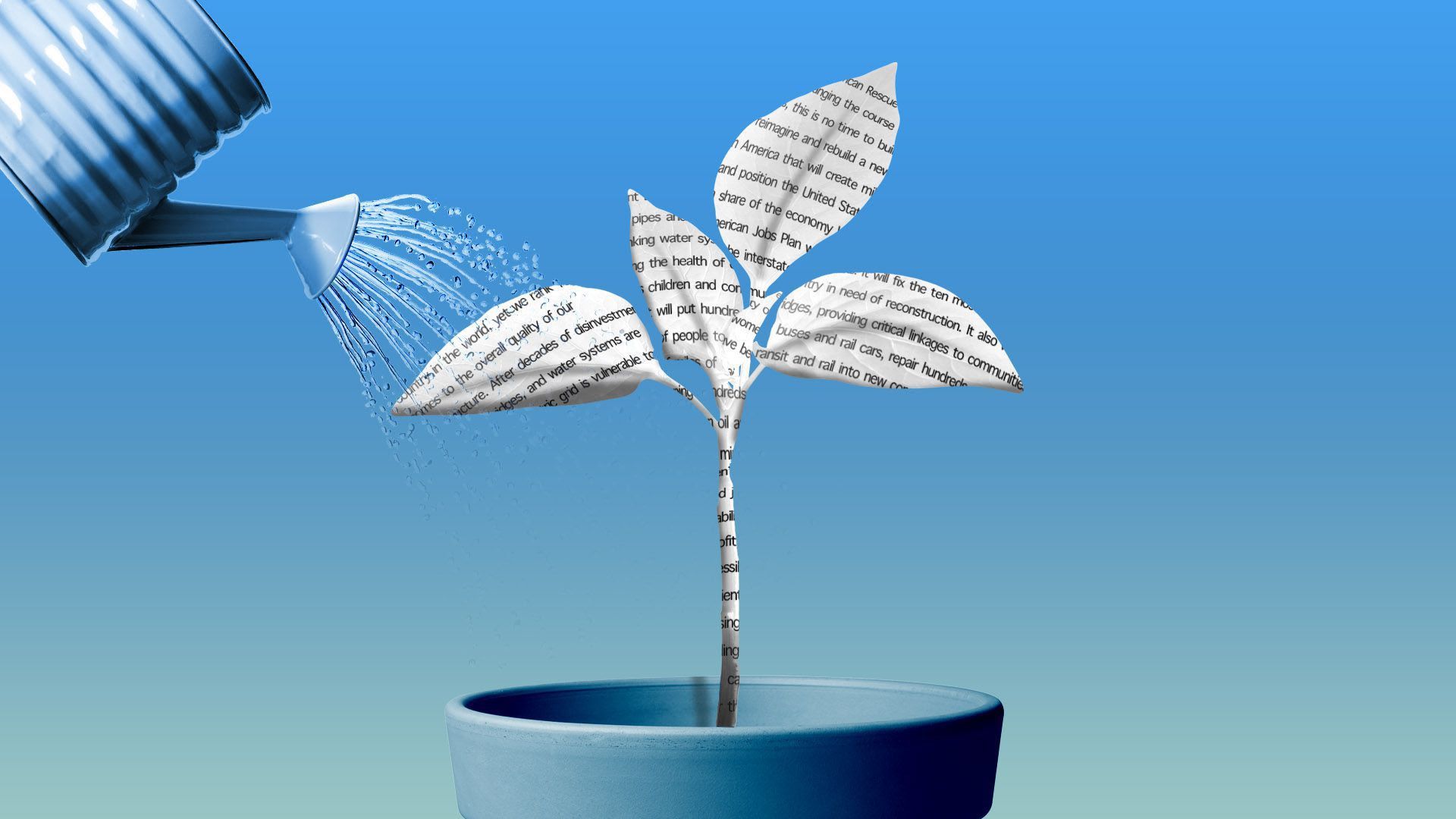 Illustration of a watering can watering a flower made out of paper.