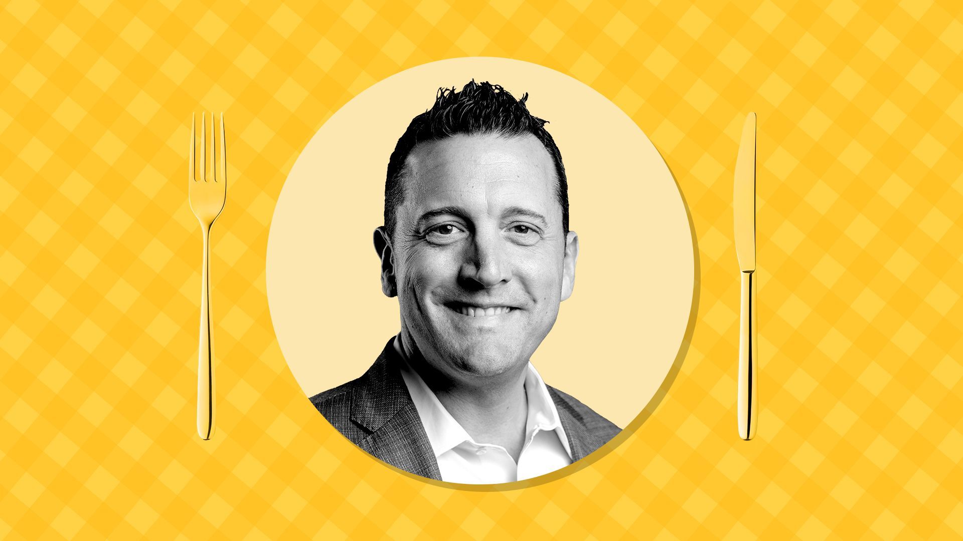 Photo illustration of Rob Christensen on top of a checkered tablecloth pattern surrounded by a fork and knife.