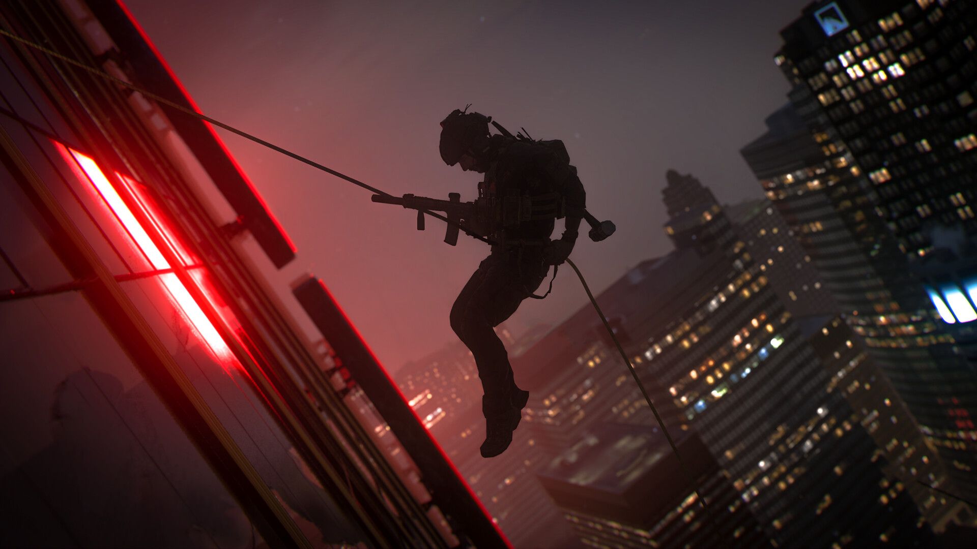 Video game screenshot of a soldier rappelling down the side of a skyscraper at night.