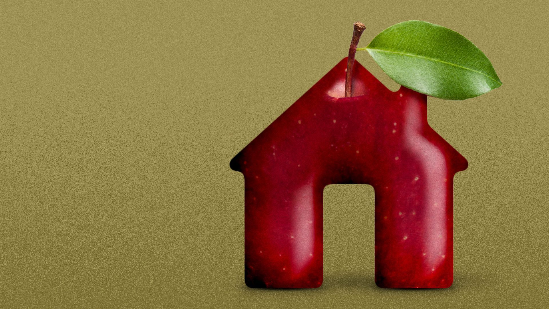 Illustration of an apple shaped like a house. 