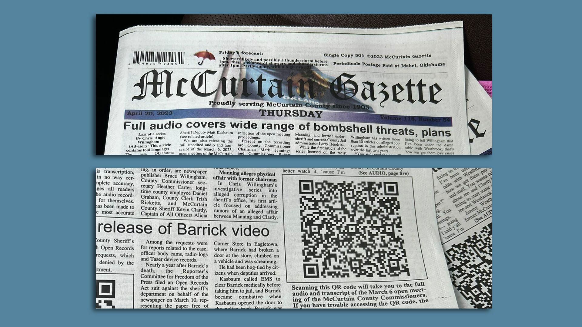 A composite photo of the front page of the McCurtain Gazette-News with a headline reading "Full Audio covers wide range of bombshell threats, plans"
