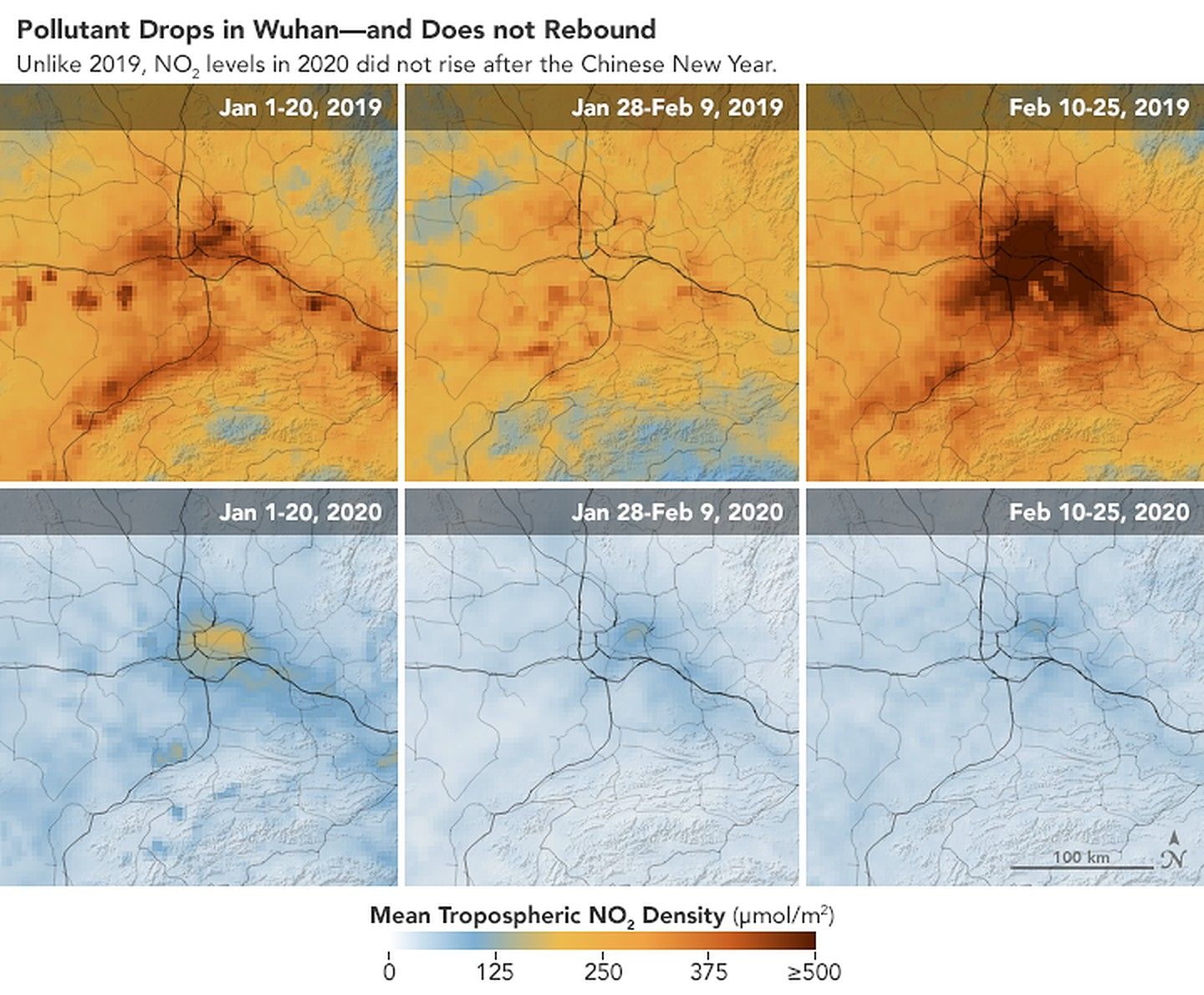 Nitrogen dioxide levels in Wuhan, China.